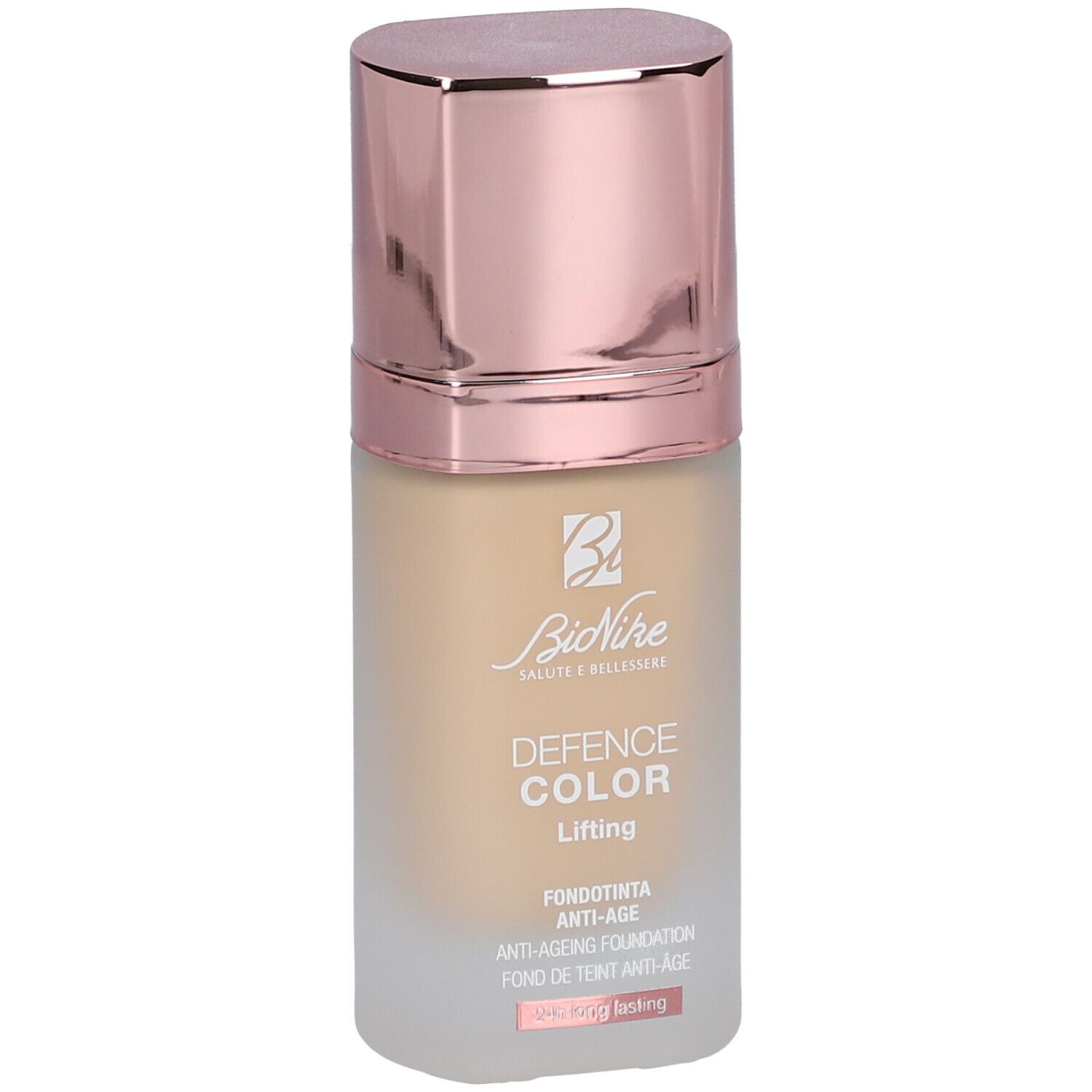 BioNike DEFENCE COLOR Lifting Anti-Ageing Foundation. Fles met roze gouden dop. Beige vloeistof zichtbaar.