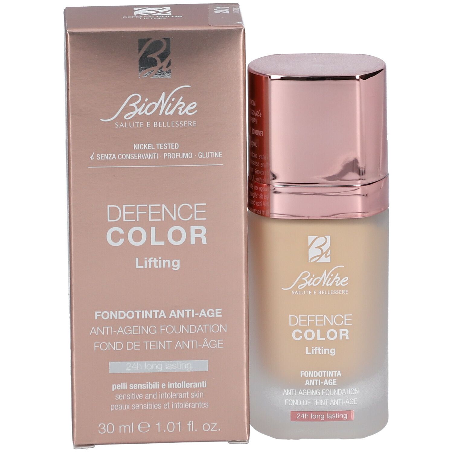 BioNike DEFENCE COLOR Lifting Anti-Ageing Foundation en verpakking. Fles en doos naast elkaar.
