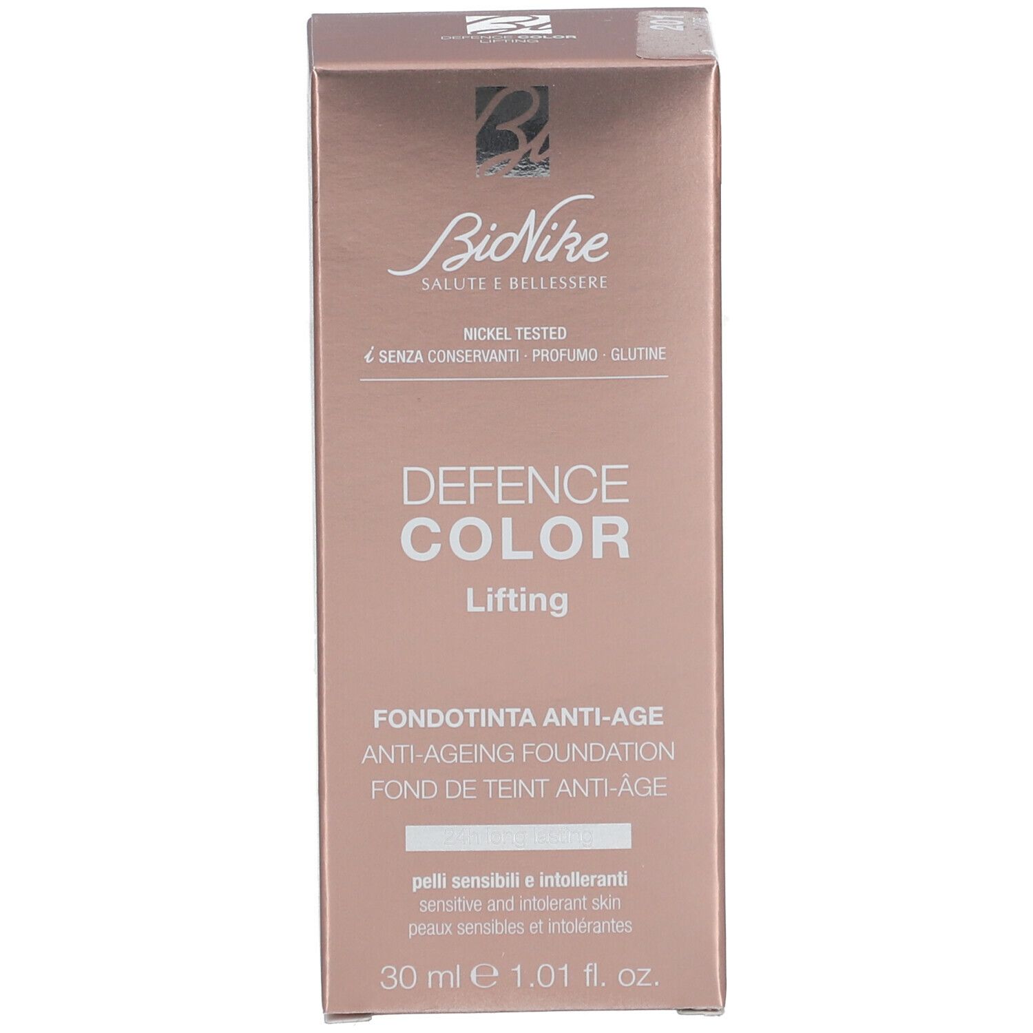 BioNike DEFENCE COLOR Lifting Anti-Ageing Foundation. Productverpakking met tekst en logo.
