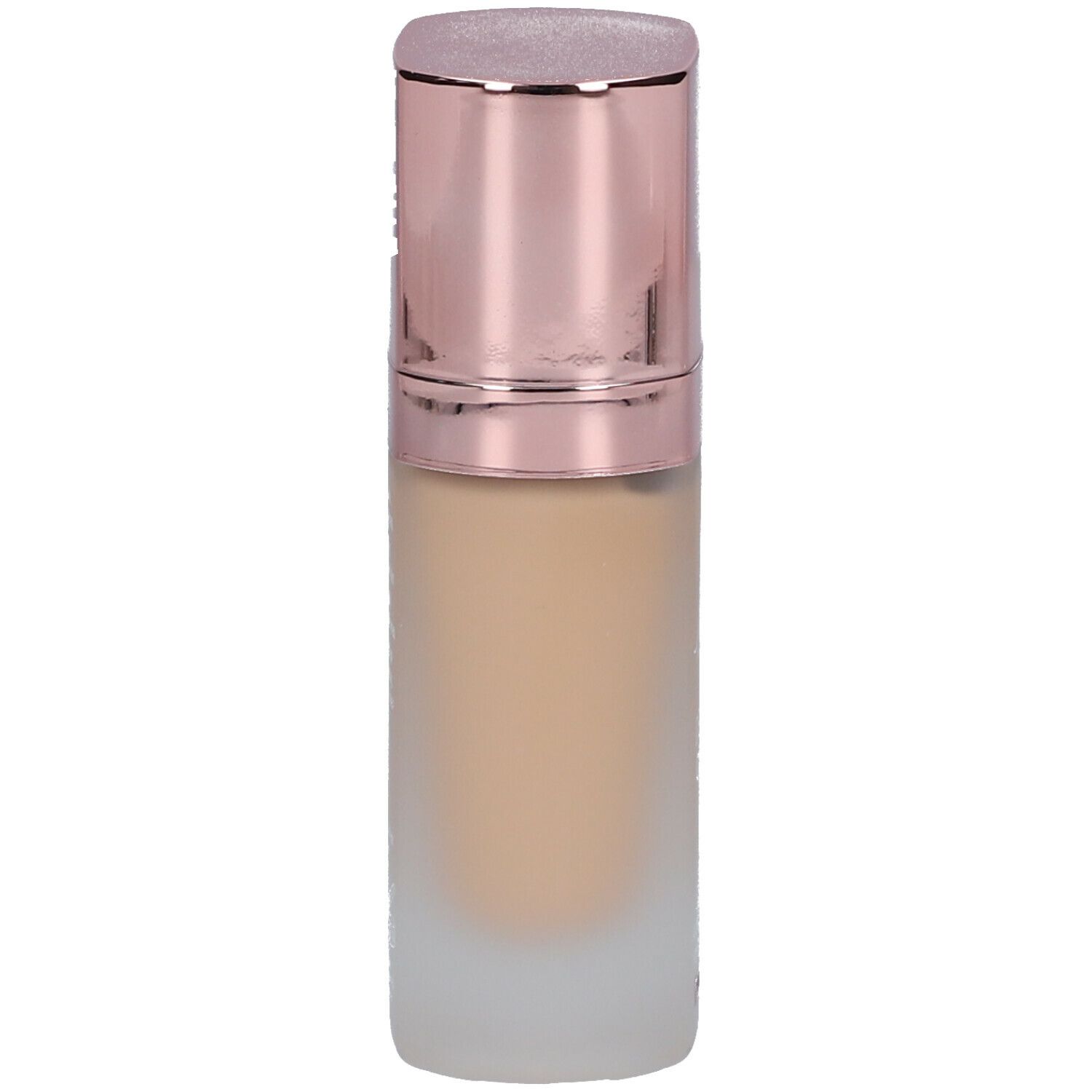 Foundation-Flakon. Beige Farbton. Roségoldener Deckel. Mattiertes Glas. Zylindrische Form.