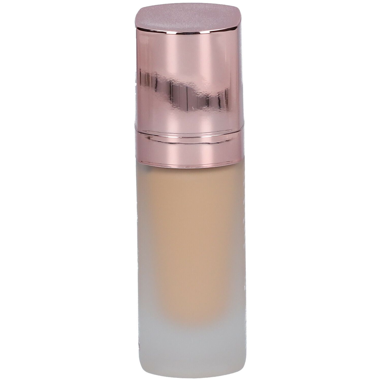 Foundation-Flakon. Beige Farbton. Roségoldener Deckel. Mattiertes Glas. Zylindrische Form.