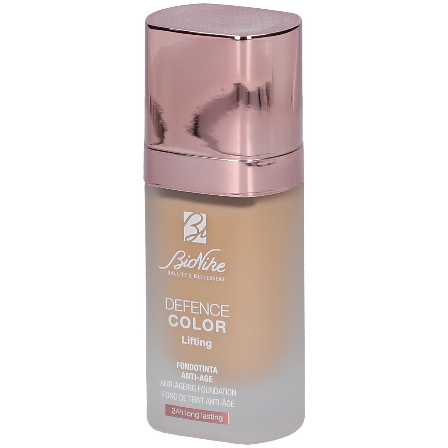 BioNike Foundation. Beige Farbton. Deckel in Roségold. Schriftzug: Defence Color Lifting. Anti-Ageing Foundation.