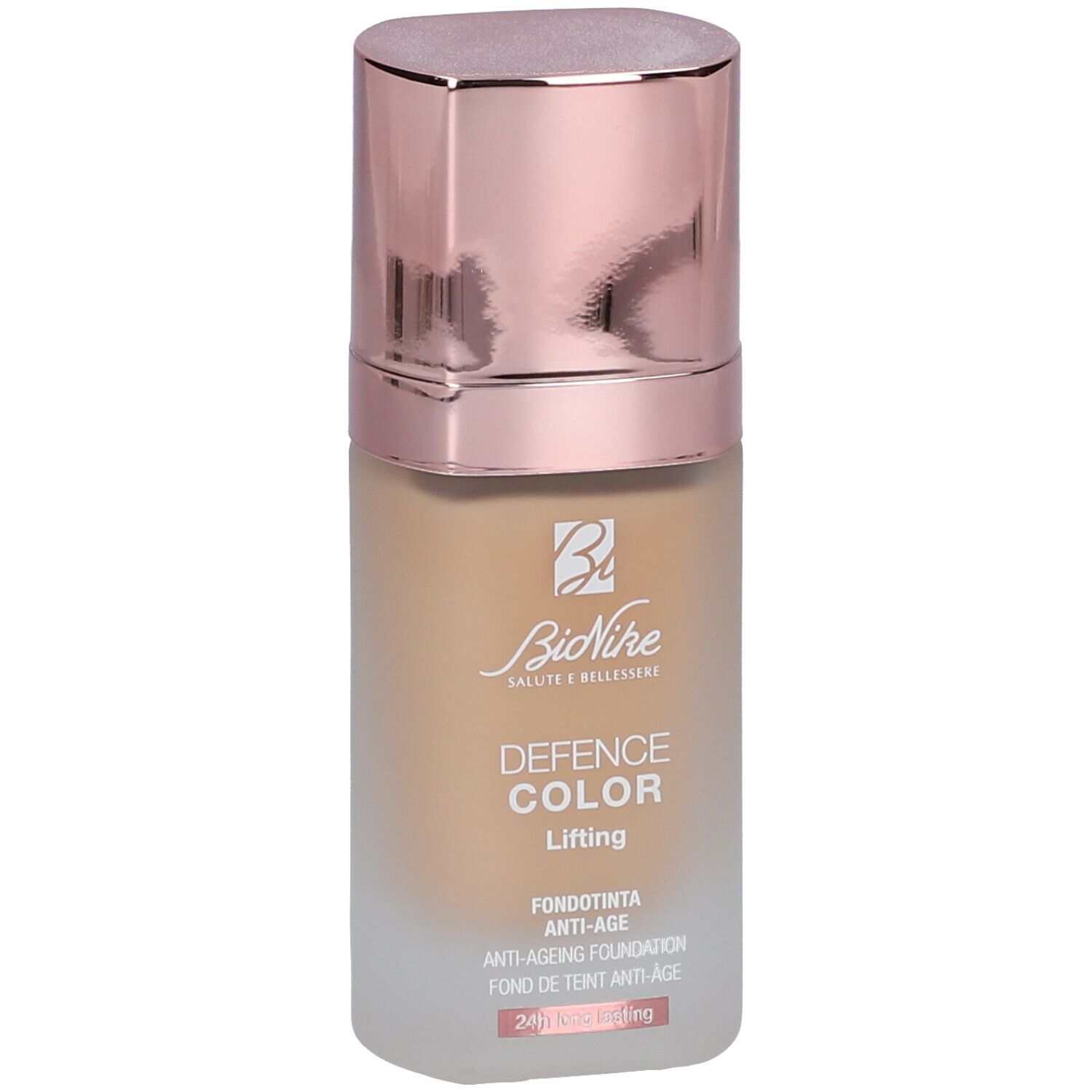 BioNike Foundation. Beige Farbton. Deckel in Roségold. Schriftzug: Defence Color Lifting. Anti-Ageing Foundation.