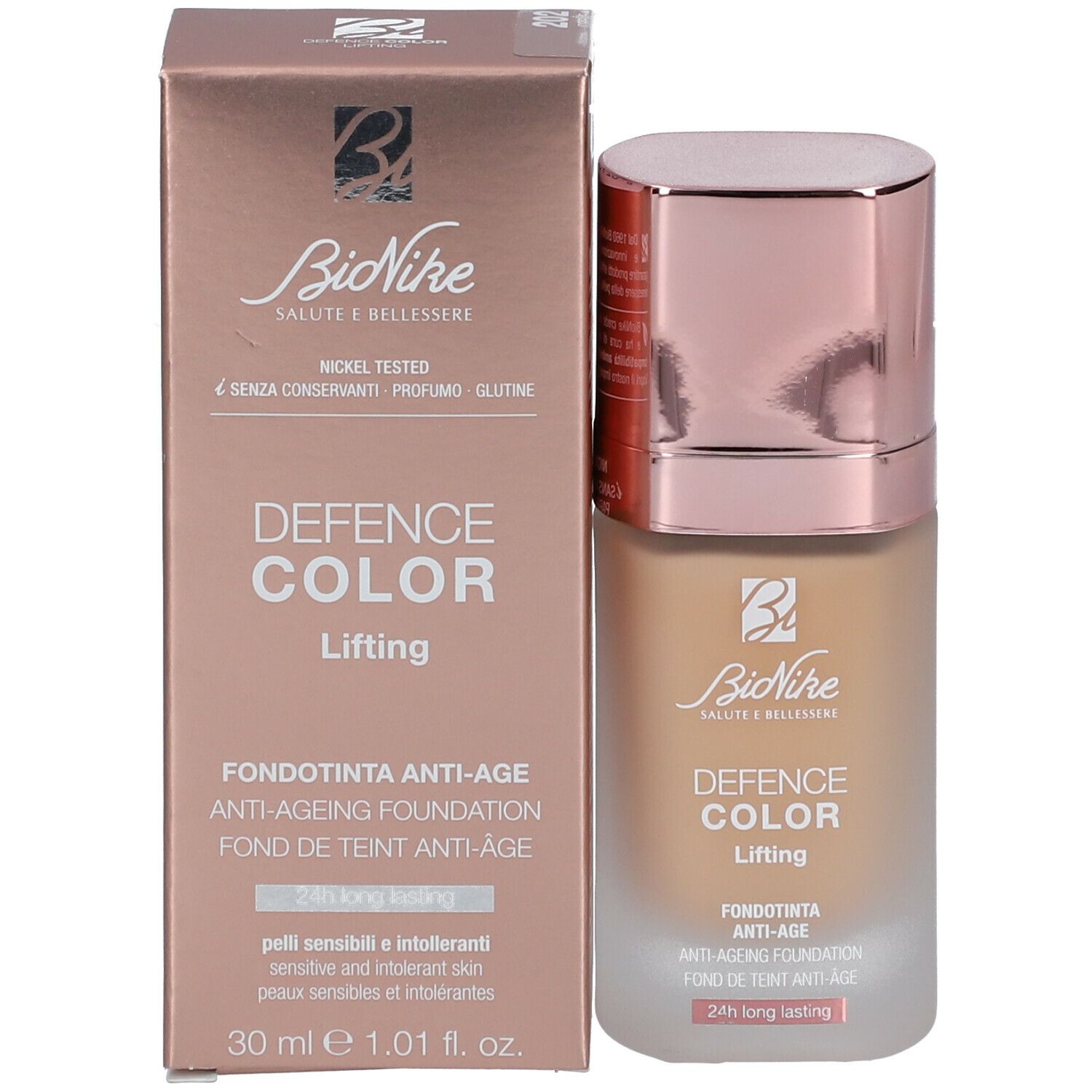 BioNike Foundation und Verpackung. Beige Farbton. Deckel in Roségold. Schriftzug: Defence Color Lifting. 30 ml.