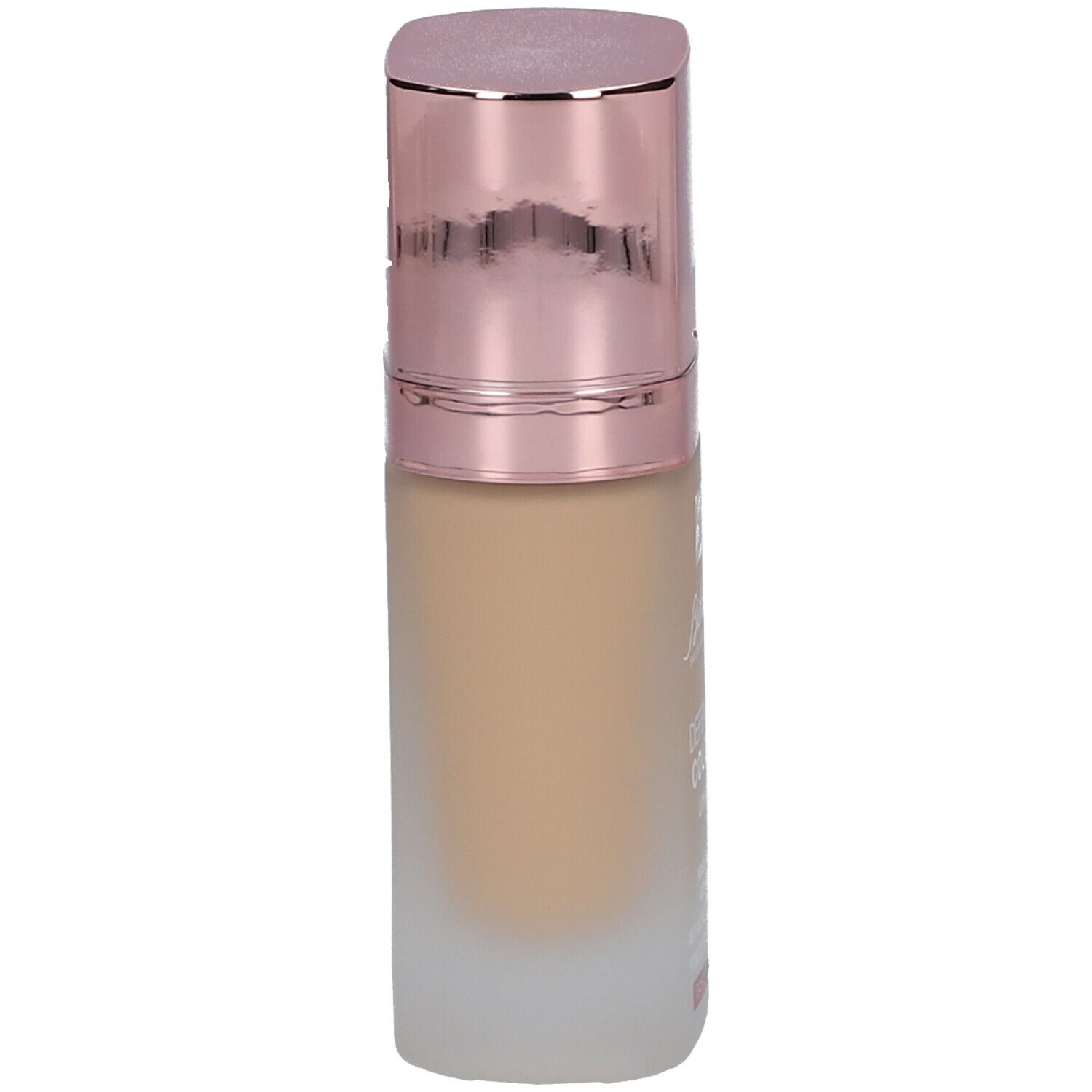Foundation-Flakon mit roségoldfarbenem Deckel. Aufschrift nicht lesbar. Der Flakon ist leicht schräg.
