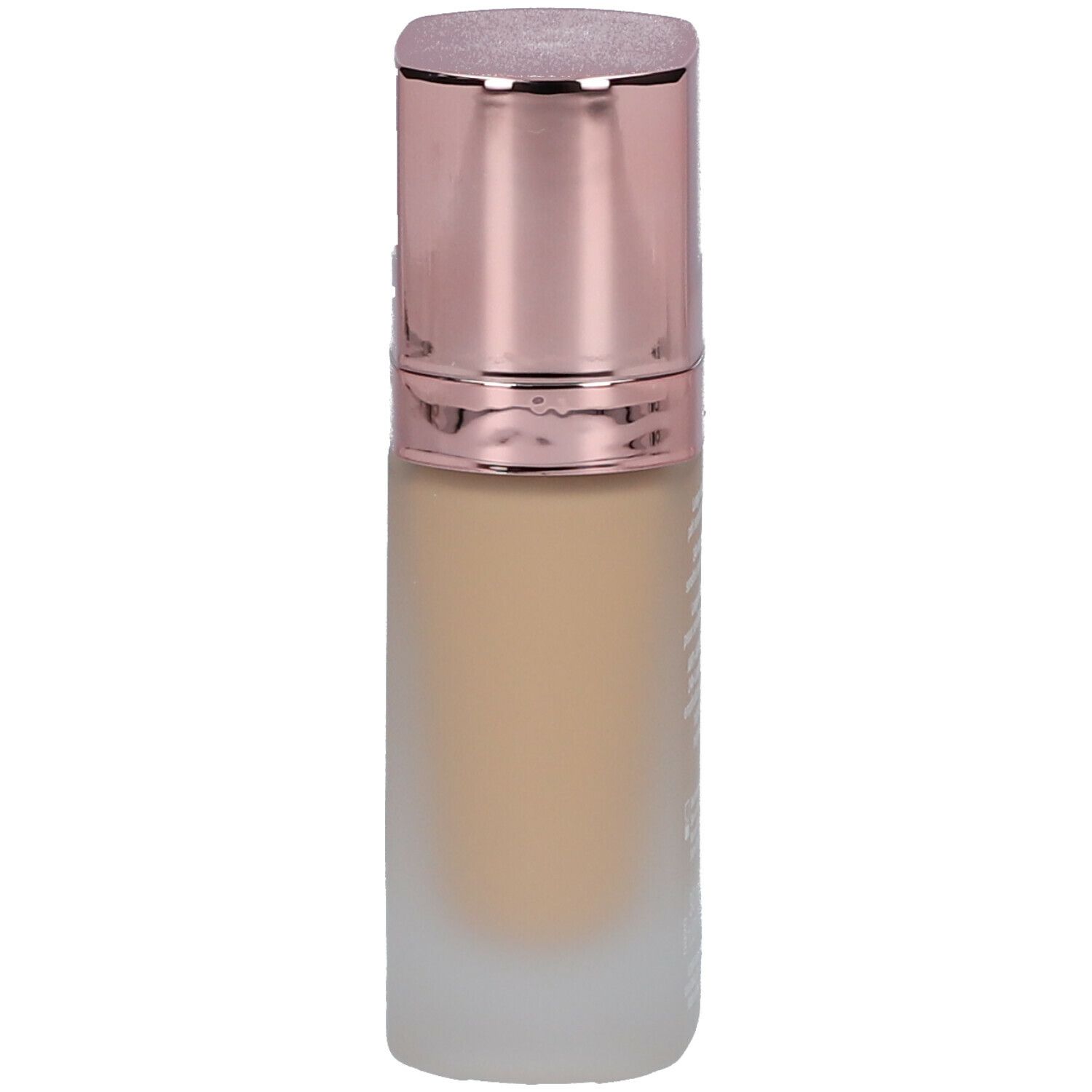 Foundation-Flakon mit roségoldfarbenem Deckel. Aufschrift nicht lesbar. Der Flakon ist leicht schräg.