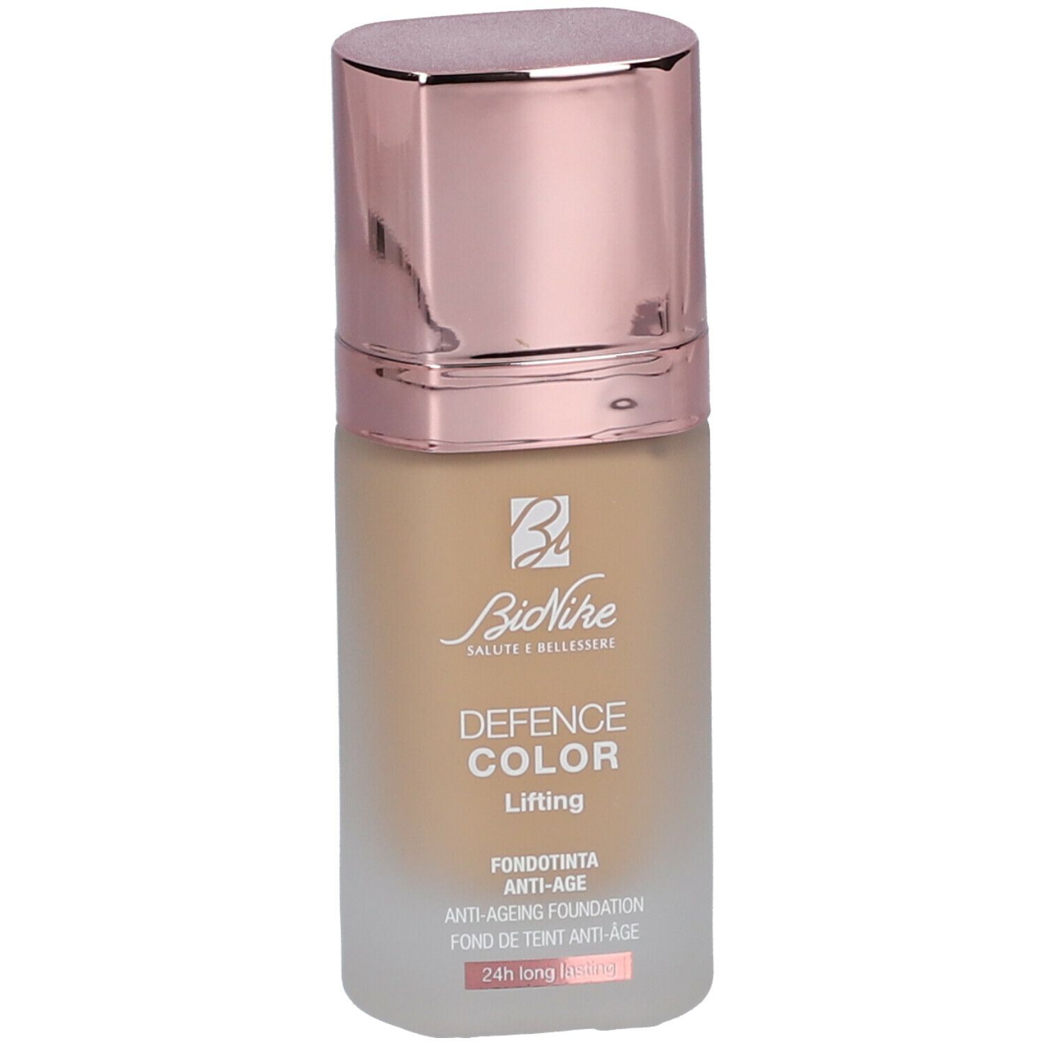 Foundation-Flakon mit roségoldfarbenem Deckel. Aufschrift: Defence Color Lifting, Anti-Aging Foundation.
