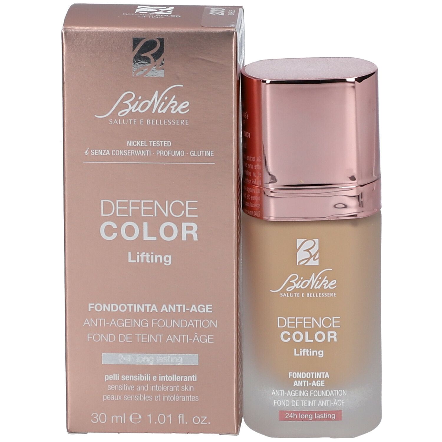 Foundation-Flakon und Verpackung. Verpackung mit Aufschrift: Defence Color Lifting, Anti-Aging Foundation.