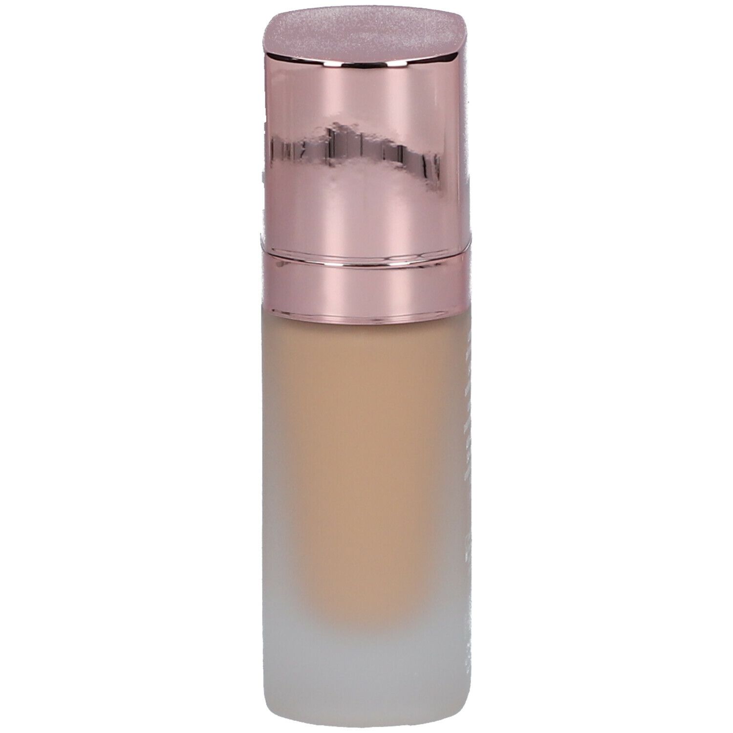Foundationflesje met roze gouden dop. Beige product. Opschrift onleesbaar.