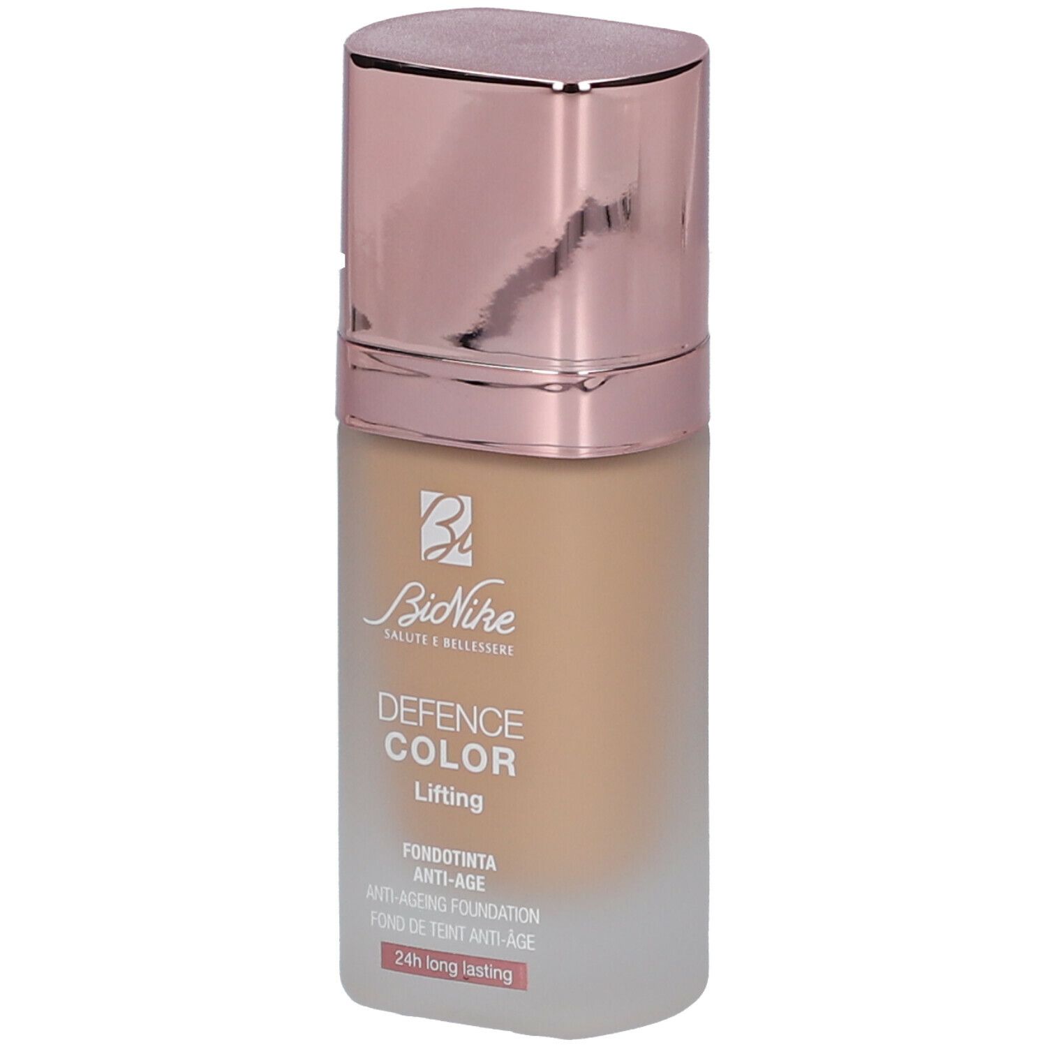 Foundationflesje met roze gouden dop. Opschrift: BioNike, DEFENCE COLOR Lifting, Anti-Aging Foundation.