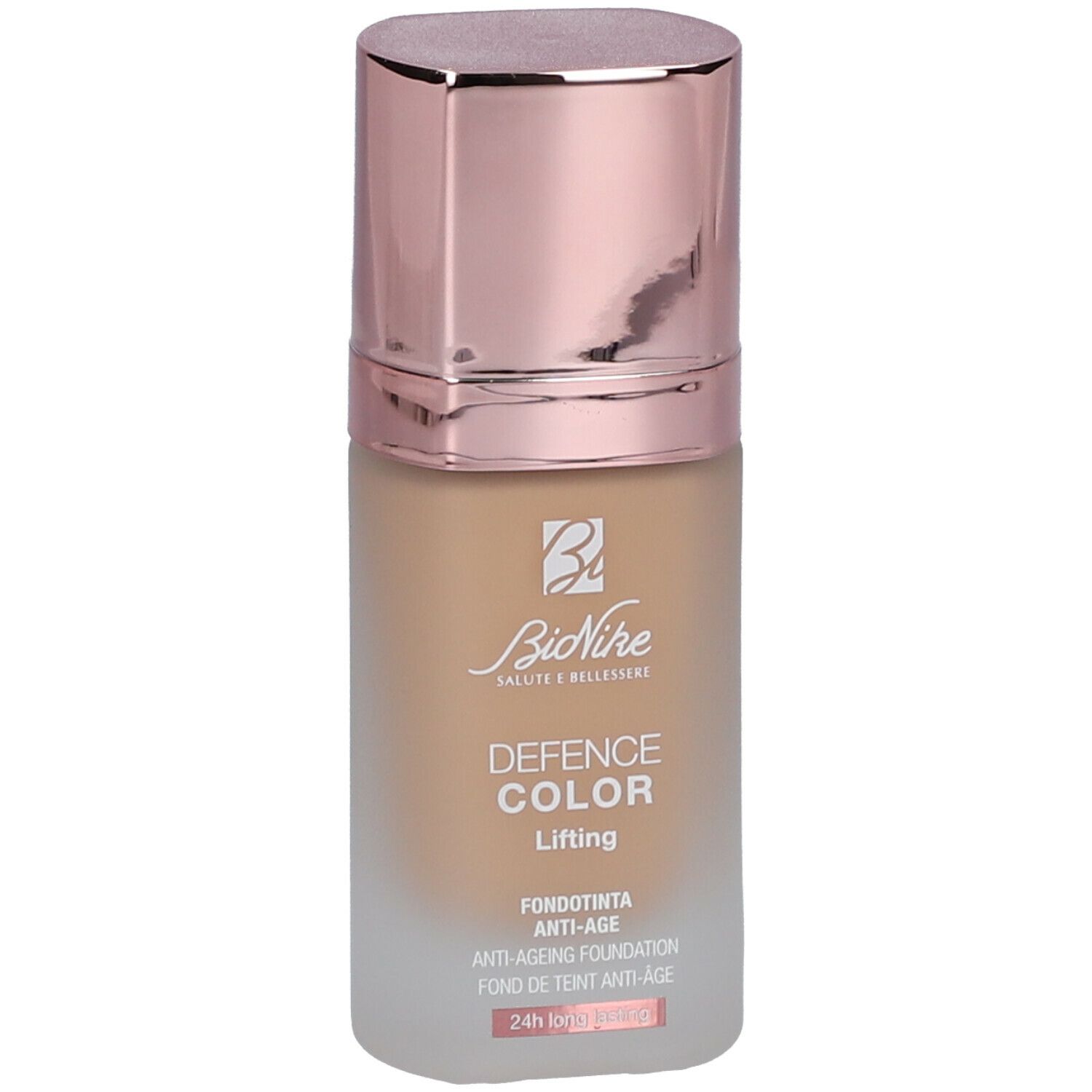 Foundationflesje met roze gouden dop. Opschrift: BioNike, DEFENCE COLOR Lifting, Anti-Aging Foundation.