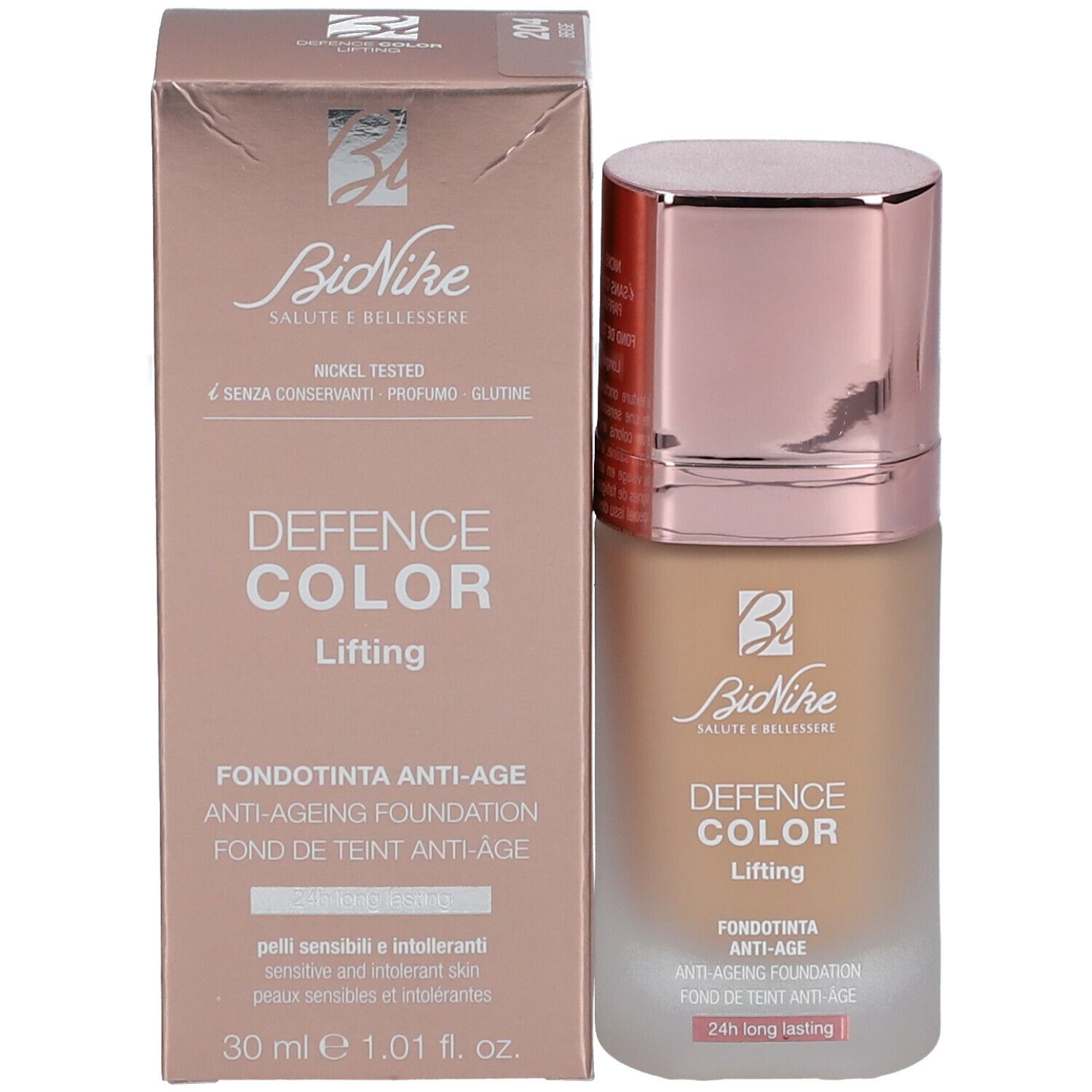 Foundationflesje en verpakking. Opschrift: BioNike, DEFENCE COLOR Lifting, Anti-Aging Foundation. 30 ml.