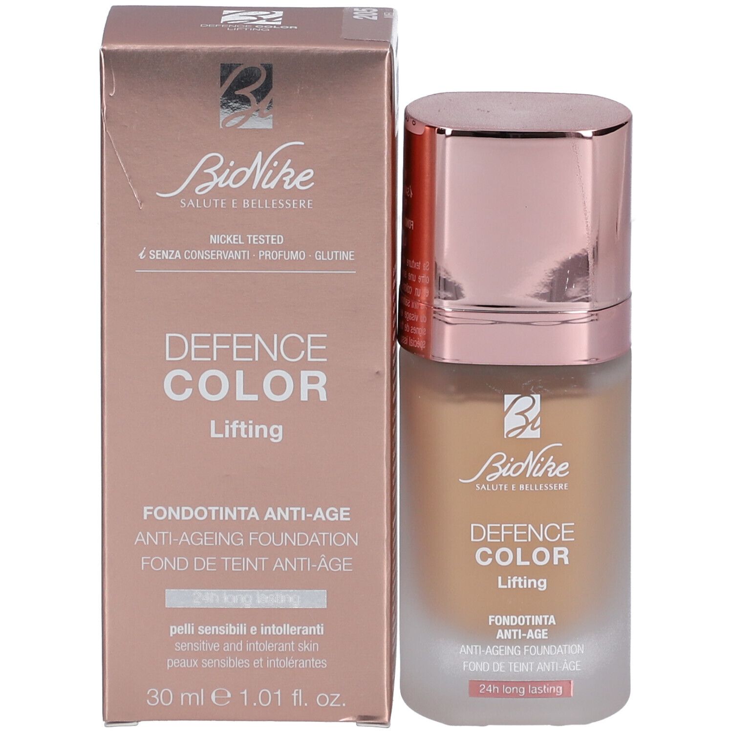 BioNike DEFENCE COLOR Lifting Foundation und Verpackung. Farbton Cognac. Aufschrift und Logo sichtbar. 30 ml.