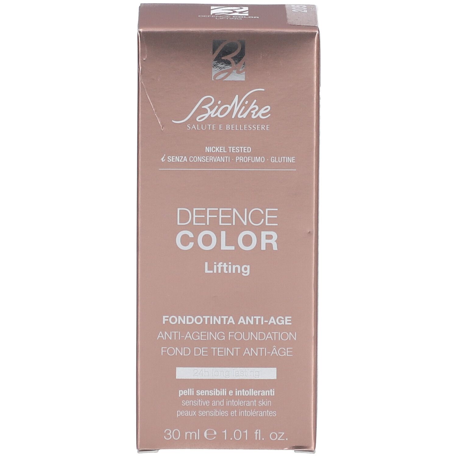 Verpackung der BioNike DEFENCE COLOR Lifting Foundation. Aufschrift und Logo sichtbar. 30 ml.