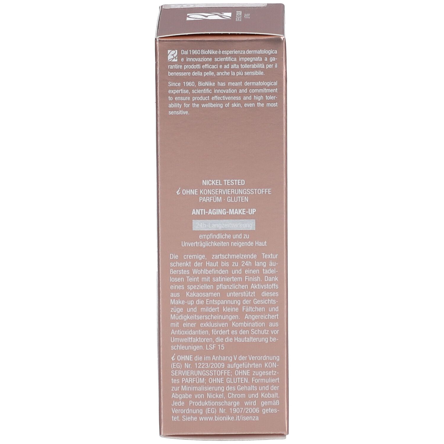 Rückseite der Verpackung der BioNike DEFENCE COLOR Lifting Foundation. Text in mehreren Sprachen. Nickel Tested.
