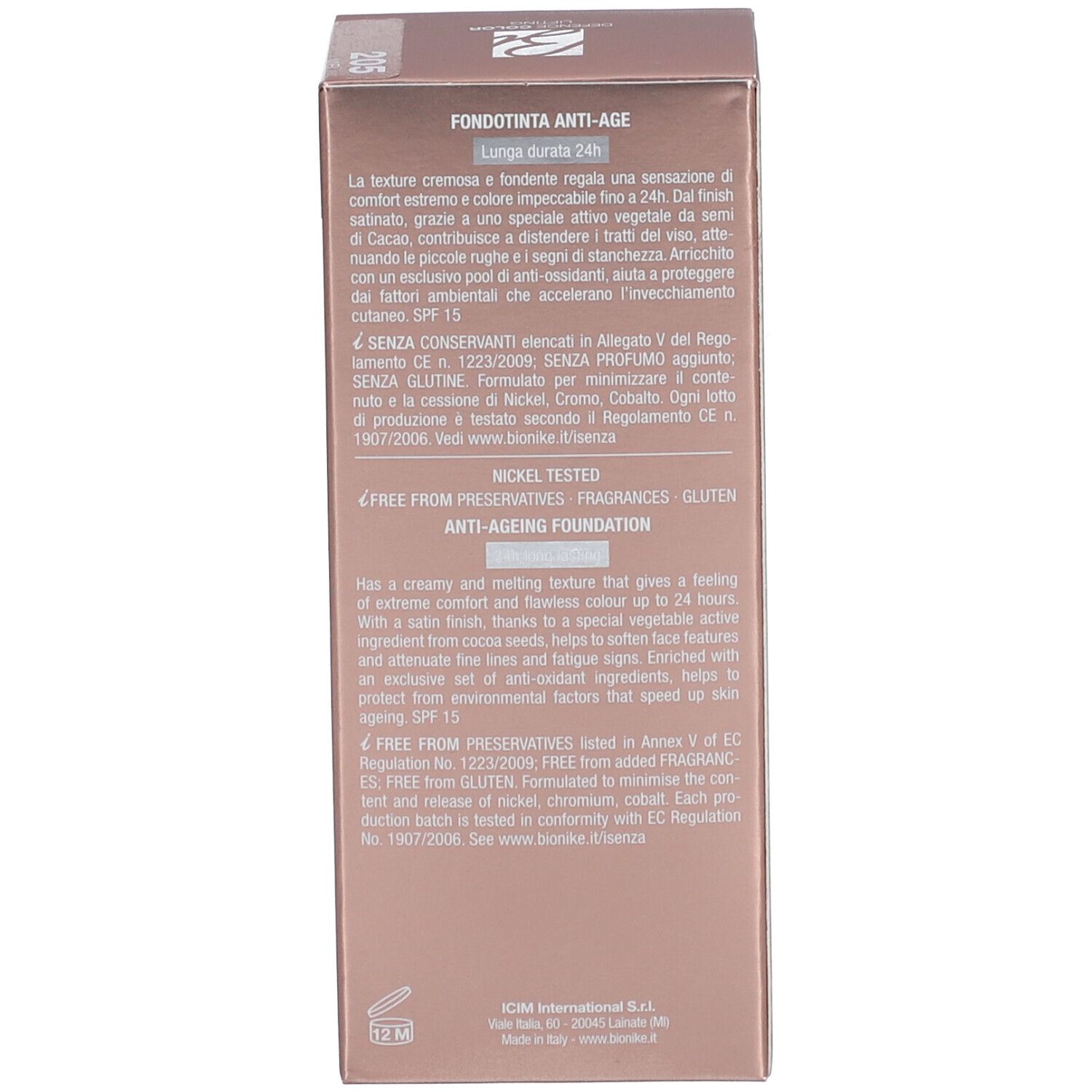 Seite der Verpackung der BioNike DEFENCE COLOR Lifting Foundation. Text in mehreren Sprachen. Anti-Aging Foundation.