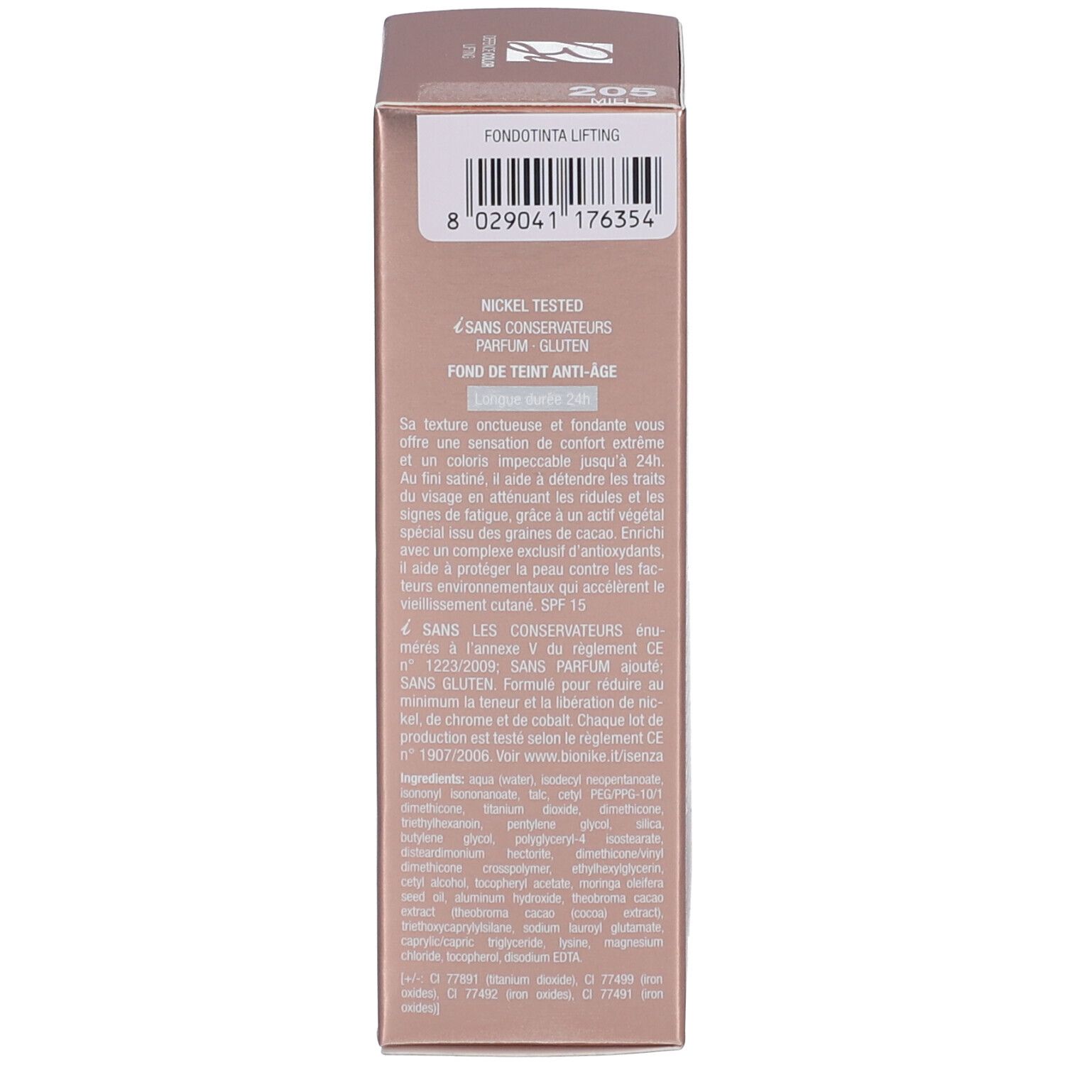 Seite der Verpackung der BioNike DEFENCE COLOR Lifting Foundation. Farbcode 205. Nickel Tested. Inhaltsstoffe.