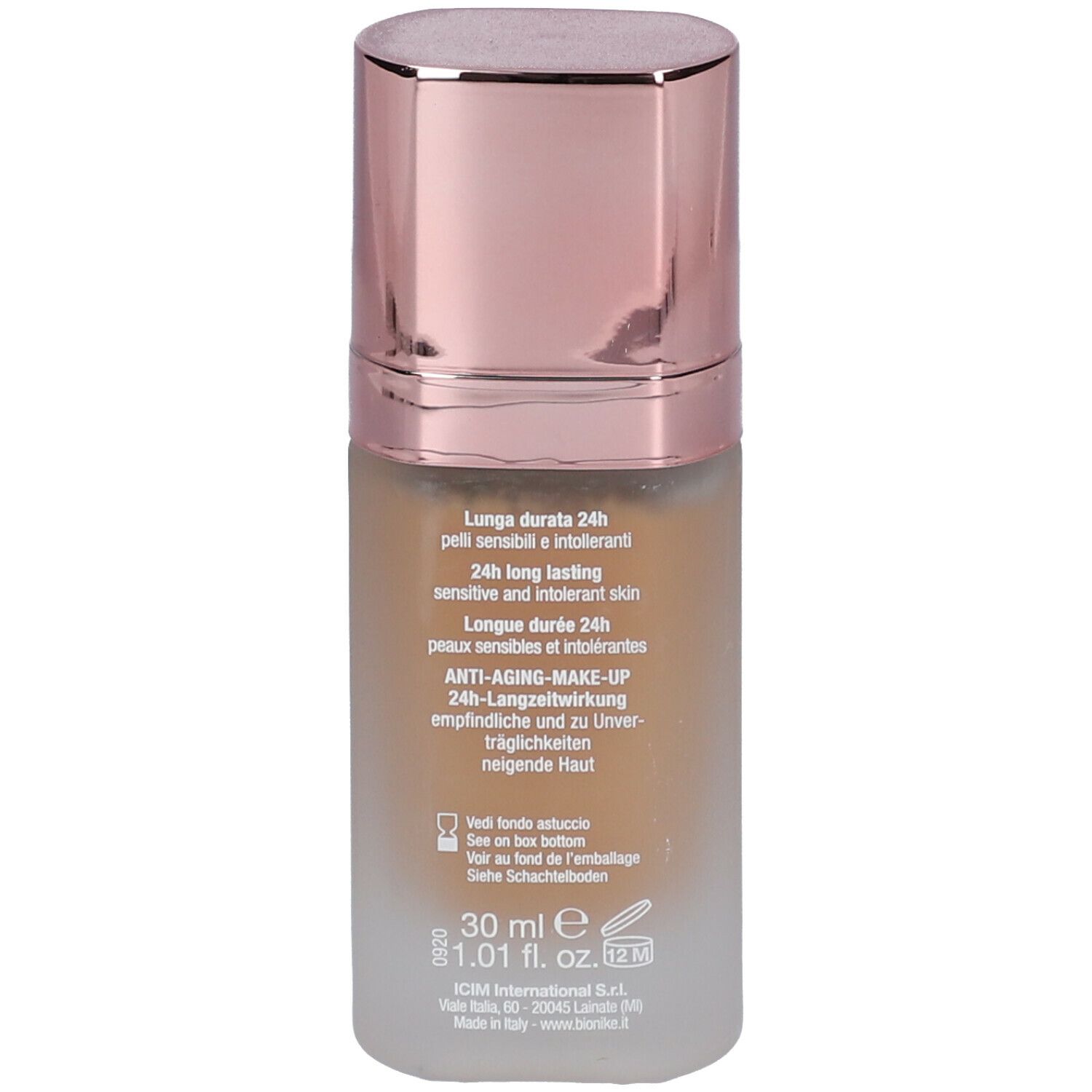 Rückseite der BioNike DEFENCE COLOR Lifting Foundation. Text: 24h long lasting, für empfindliche Haut. 30 ml.