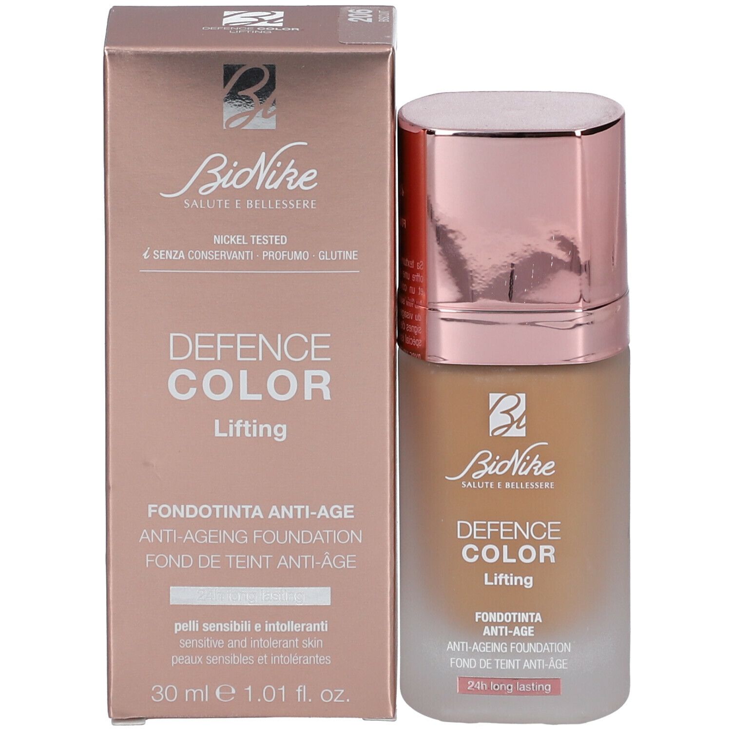BioNike DEFENCE COLOR Lifting Foundation und Verpackung. Aufschrift: DEFENCE COLOR, Lifting, Anti-Age. 30 ml. Nickel Tested.