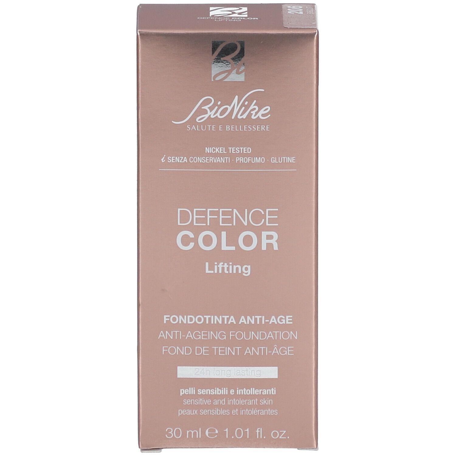 Verpackung der BioNike DEFENCE COLOR Lifting Foundation. Aufschrift: DEFENCE COLOR, Lifting, Anti-Age. 30 ml. Nickel Tested.
