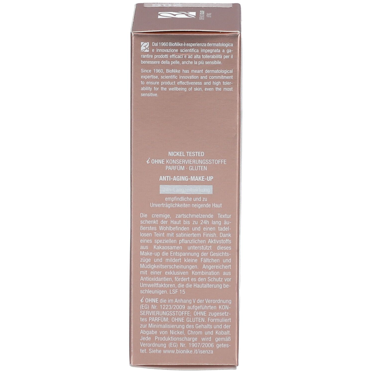Seite der Verpackung der BioNike DEFENCE COLOR Lifting Foundation. Text über Inhaltsstoffe und Qualitätssiegel.