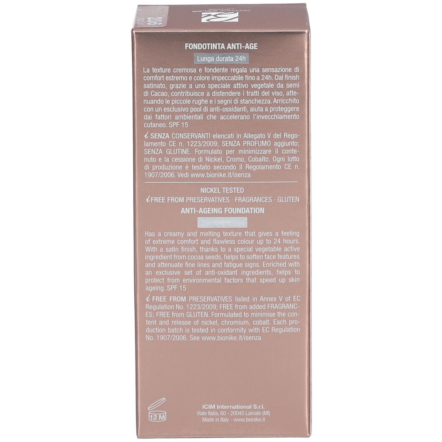 Rückseite der Verpackung der BioNike DEFENCE COLOR Lifting Foundation. Text über Inhaltsstoffe und Vorteile.
