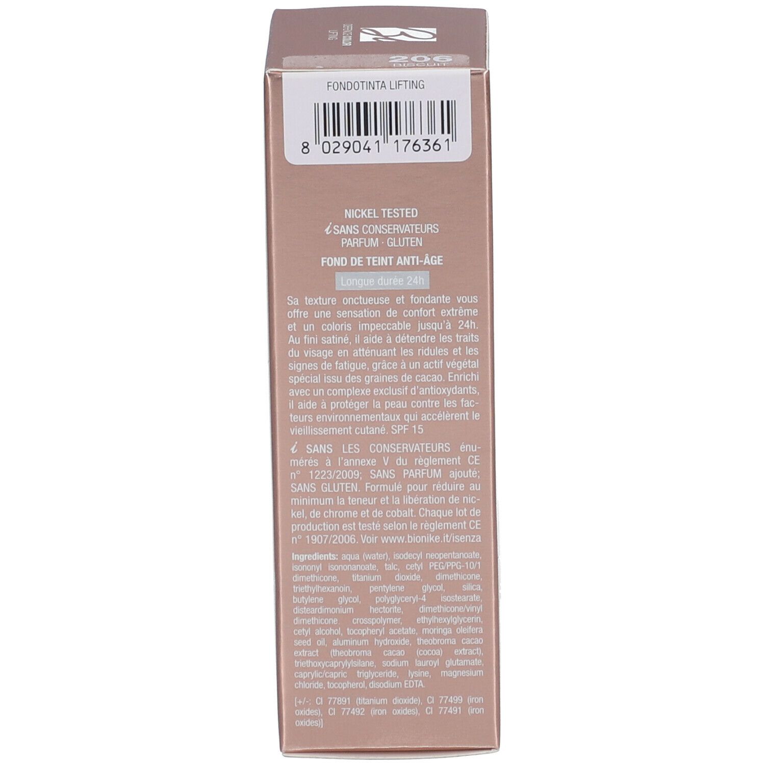 Seite der Verpackung der BioNike DEFENCE COLOR Lifting Foundation. Text mit Inhaltsstoffen und Barcode.