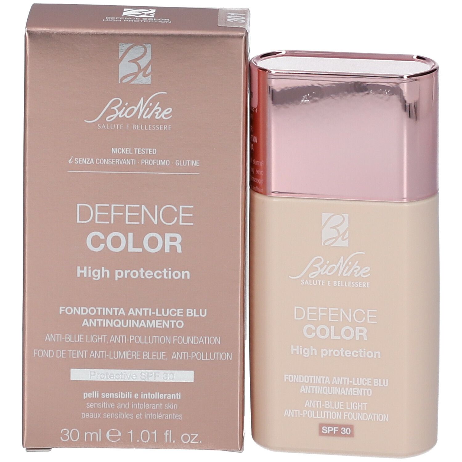BioNike DEFENCE COLOR Foundation und Verpackung. Text: DEFENCE COLOR, High protection, Anti-Blue Light, Anti-Pollution Foundation. 30 ml.