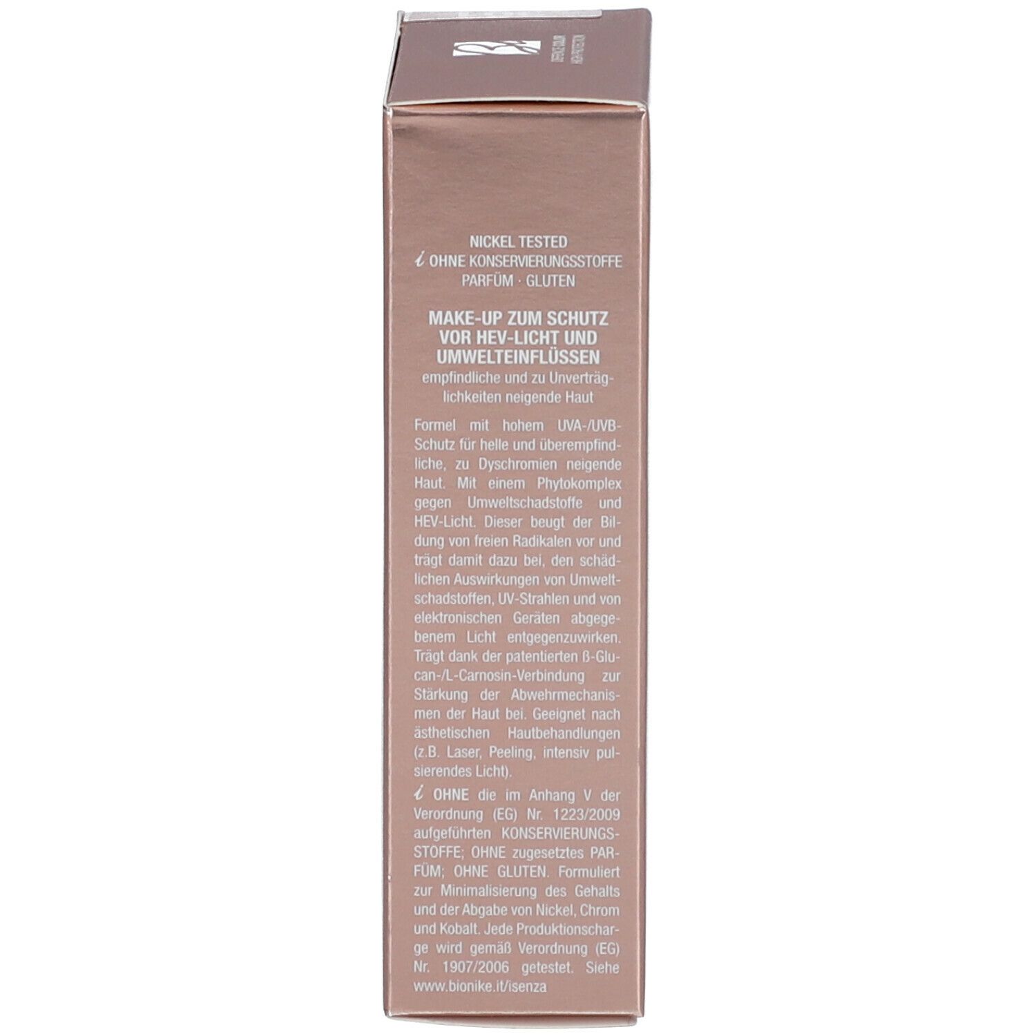 Verpackung der BioNike Foundation. Text: Nickel Tested, ohne Konservierungsstoffe, Parfum, Gluten. Make-up zum Schutz vor HEV-Licht.