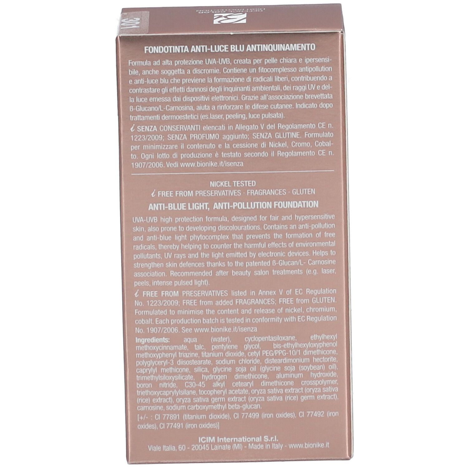 Verpackung der BioNike Foundation. Text: Anti-Blue Light, Anti-Pollution Foundation. Inhaltsstoffe. Frei von Konservierungsstoffen, Parfum, Gluten.