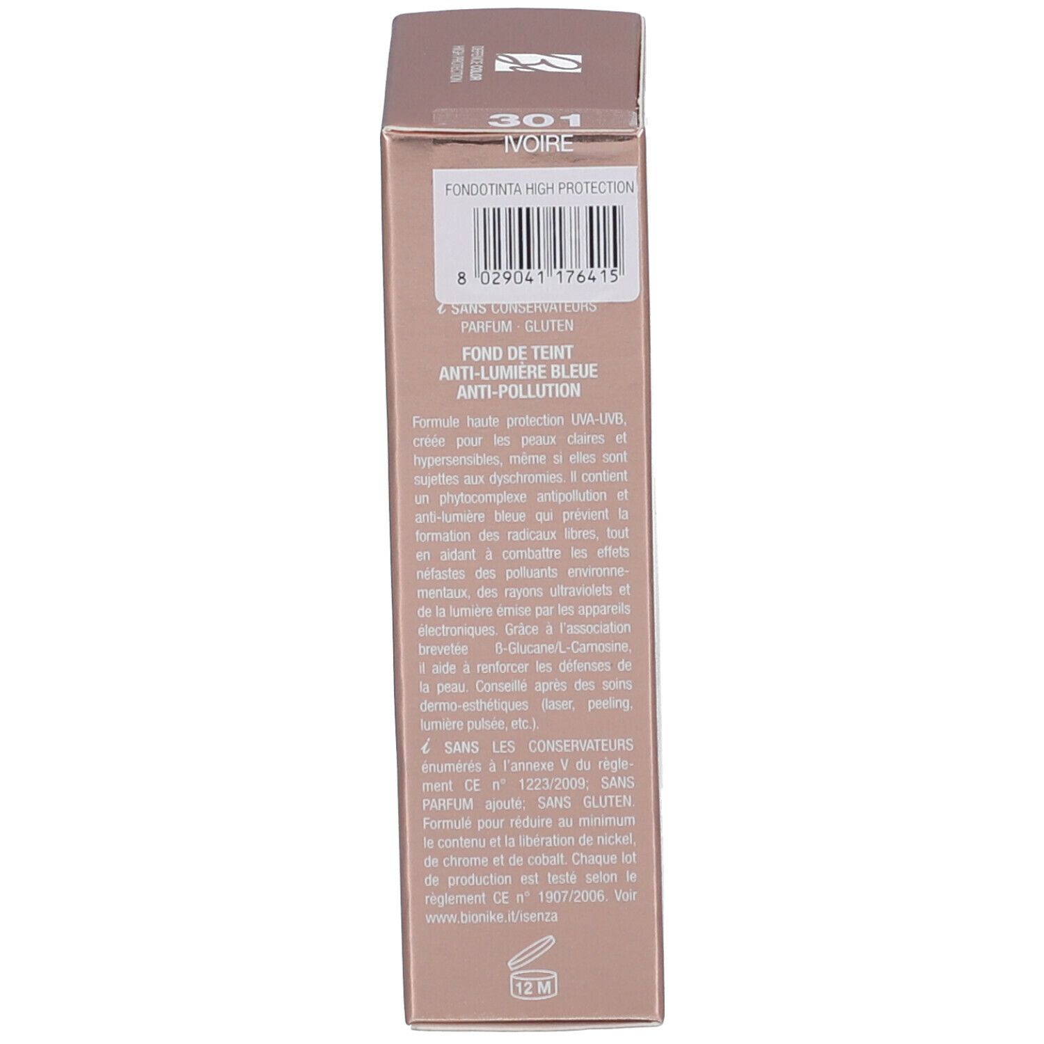 Verpackung der BioNike Foundation. Text: 301 Ivoire. Fond de teint, High Protection. Frei von Konservierungsstoffen, Parfum, Gluten.