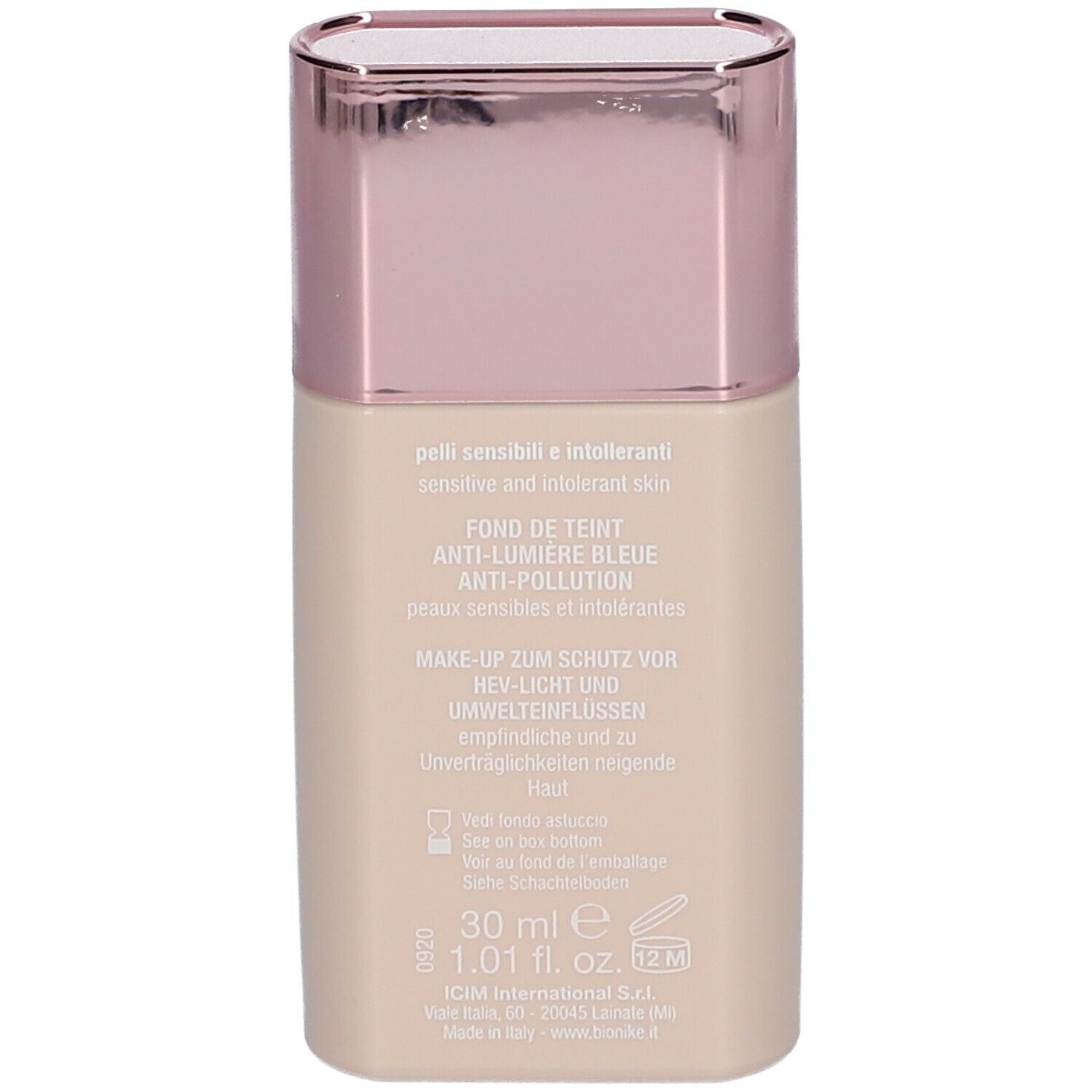 Rückseite der Flasche. Aufschrift: Sensitive and intolerant skin, 30 ml, 12M. Logo Bionike.