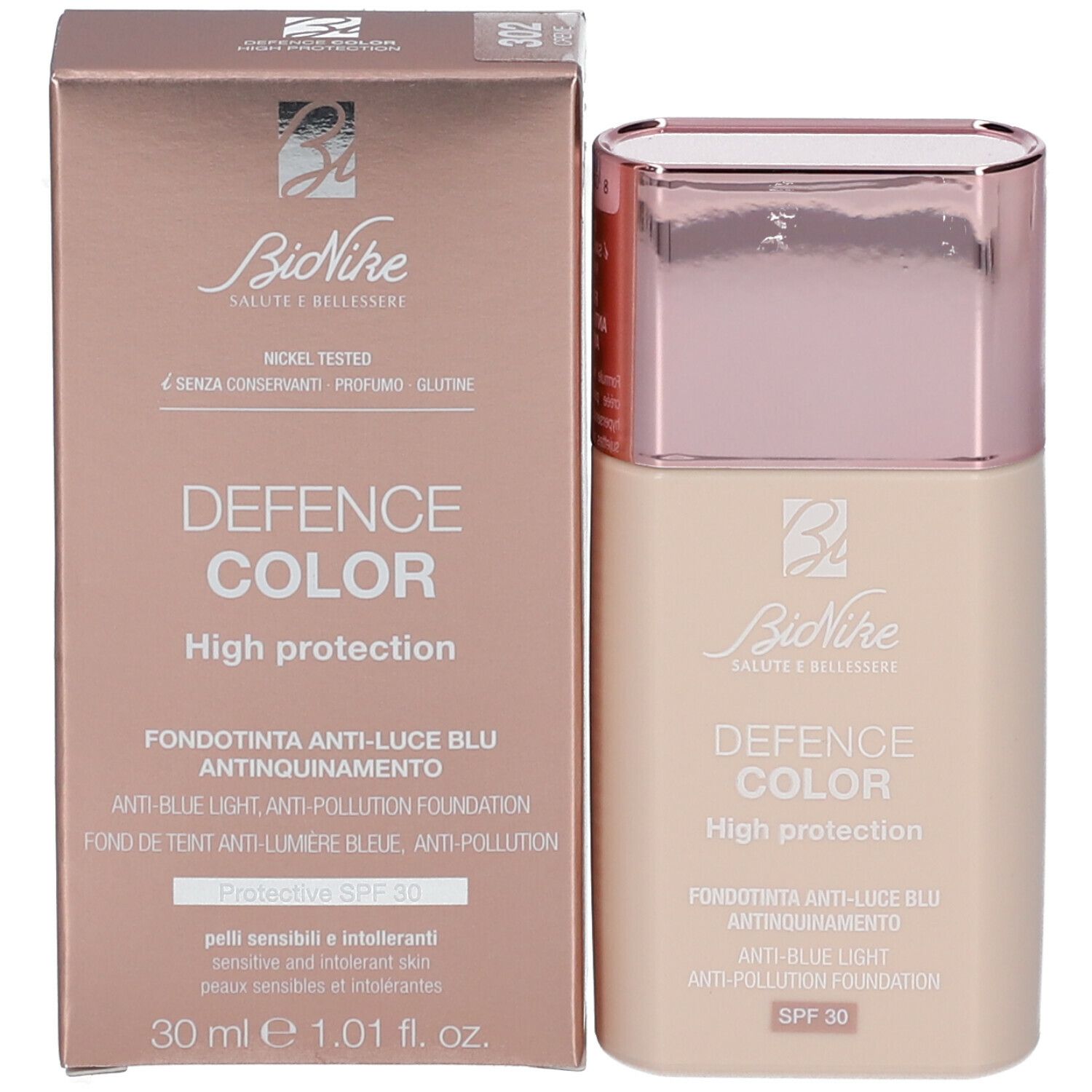 Produkt mit Verpackung. Flasche und Schachtel. Aufschrift: Bionike, Defence Color, High protection, SPF 30.