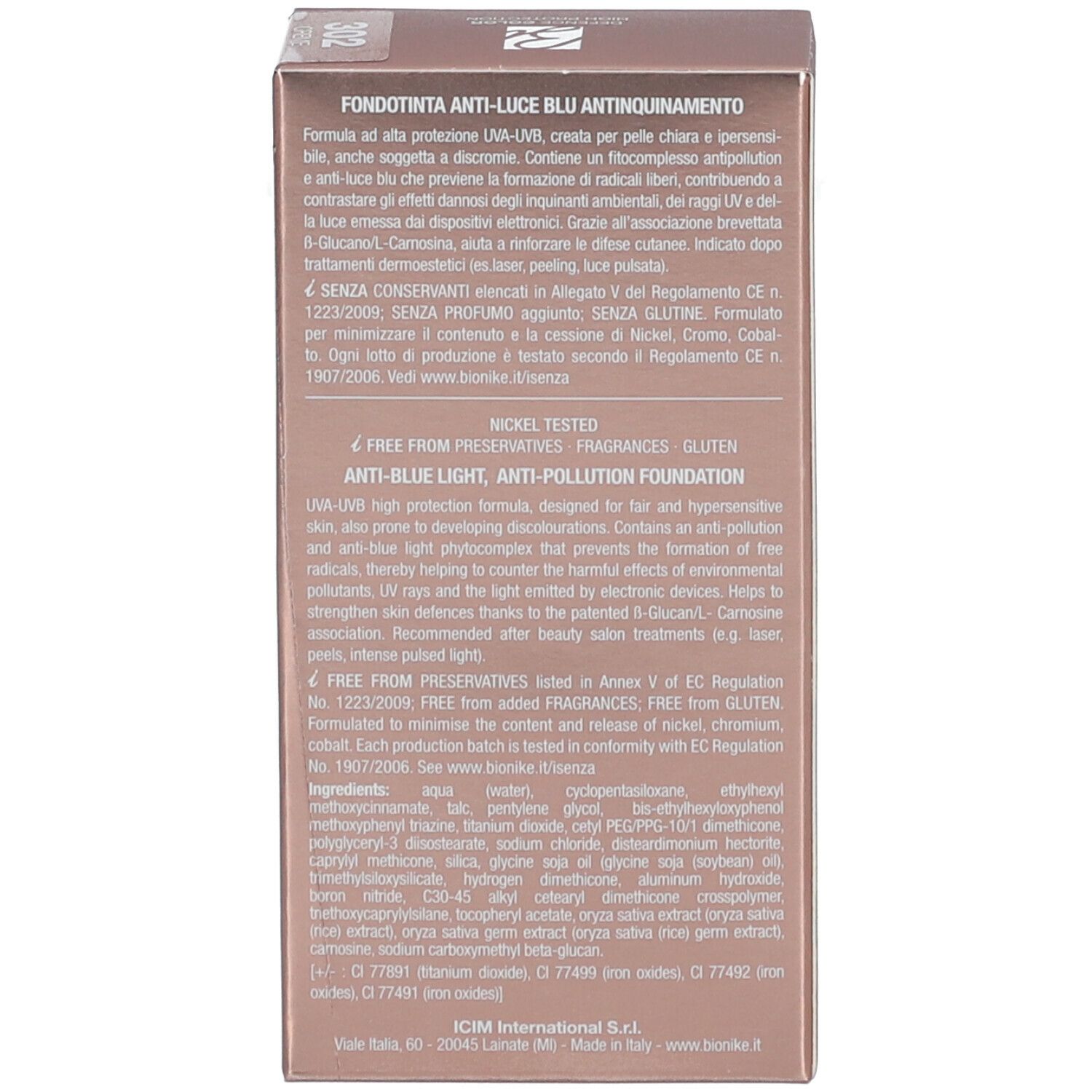 Rückseite der Schachtel. Text über Inhaltsstoffe und Eigenschaften. Logo Bionike.