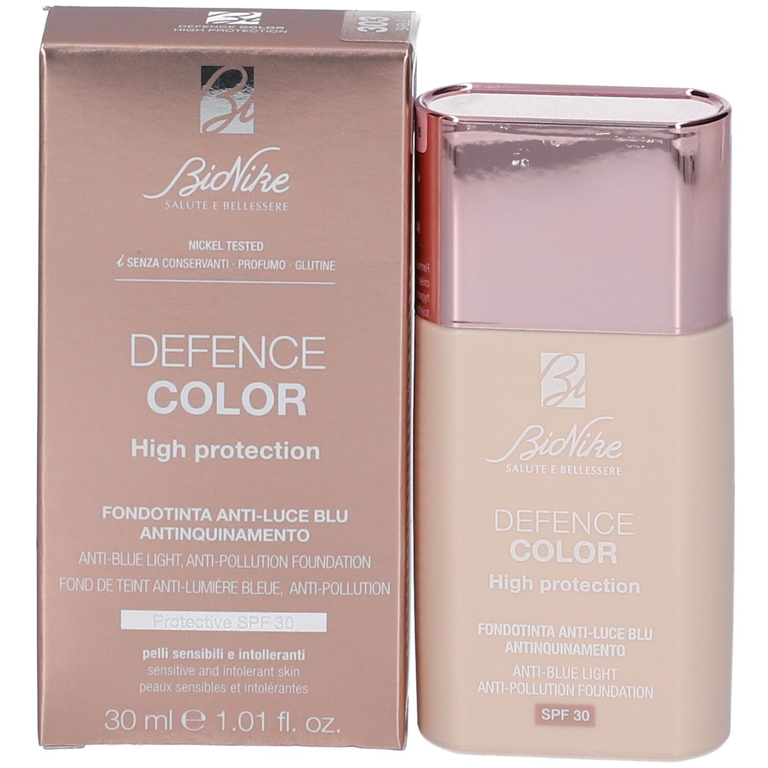 Foundation-Flakon und Verpackung. Aufschrift: DEFENCE COLOR, High protection, SPF 30. Nickel Tested. Marke: BioNike.