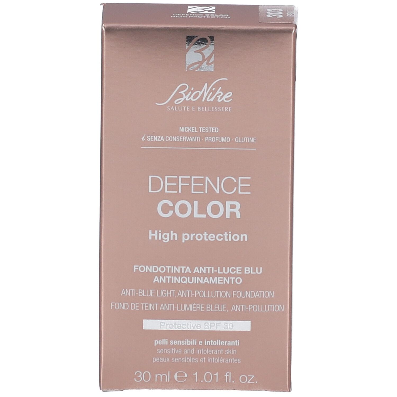Verpackung des Foundation-Produkts. Aufschrift: DEFENCE COLOR, High protection, SPF 30. Nickel Tested. Marke: BioNike.