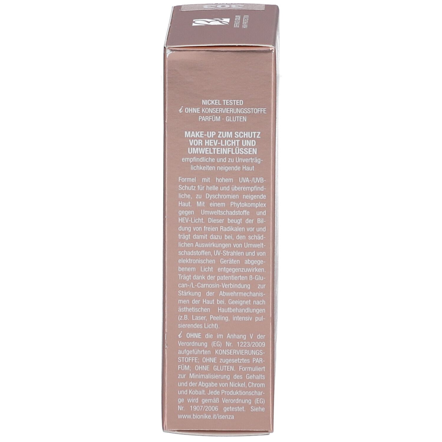 Seite der Verpackung. Text: Make-up zum Schutz vor HEV-Licht und Umwelteinflüssen. Nickel Tested. Marke: BioNike.