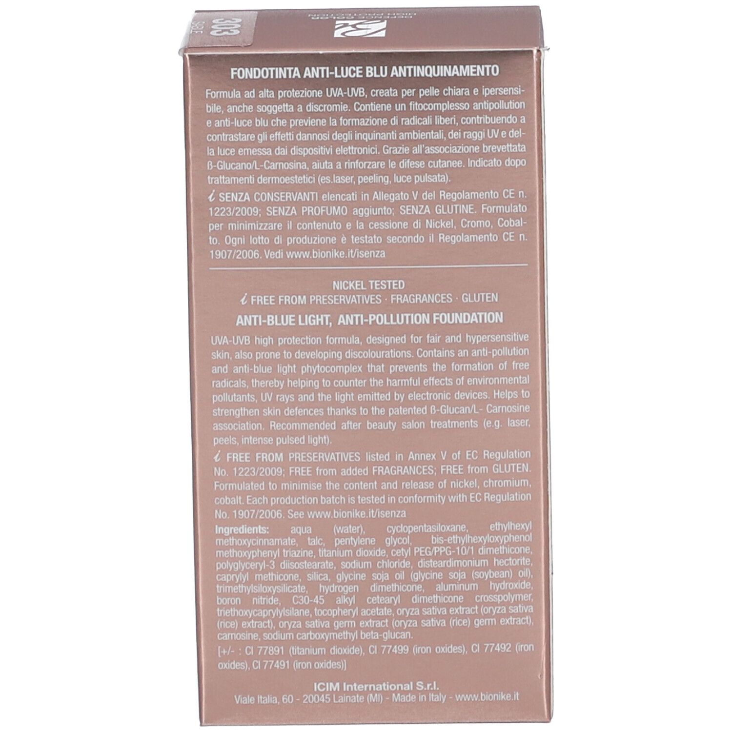 Rückseite der Verpackung. Text: Fondotinta anti-luce blu anti-inquinamento. Inhaltsstoffe. Marke: BioNike.