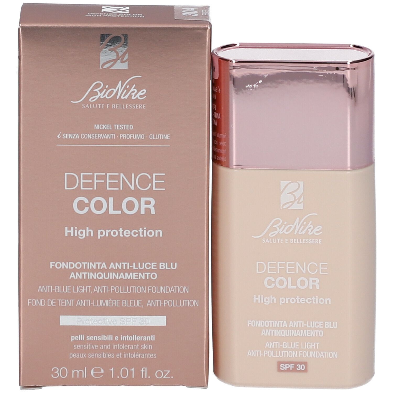 Foundation-Flakon und Verpackung. Aufschrift: Defence Color, High protection, Anti-Blue Light, SPF 30. Marke: BioNike. Nickel Tested.