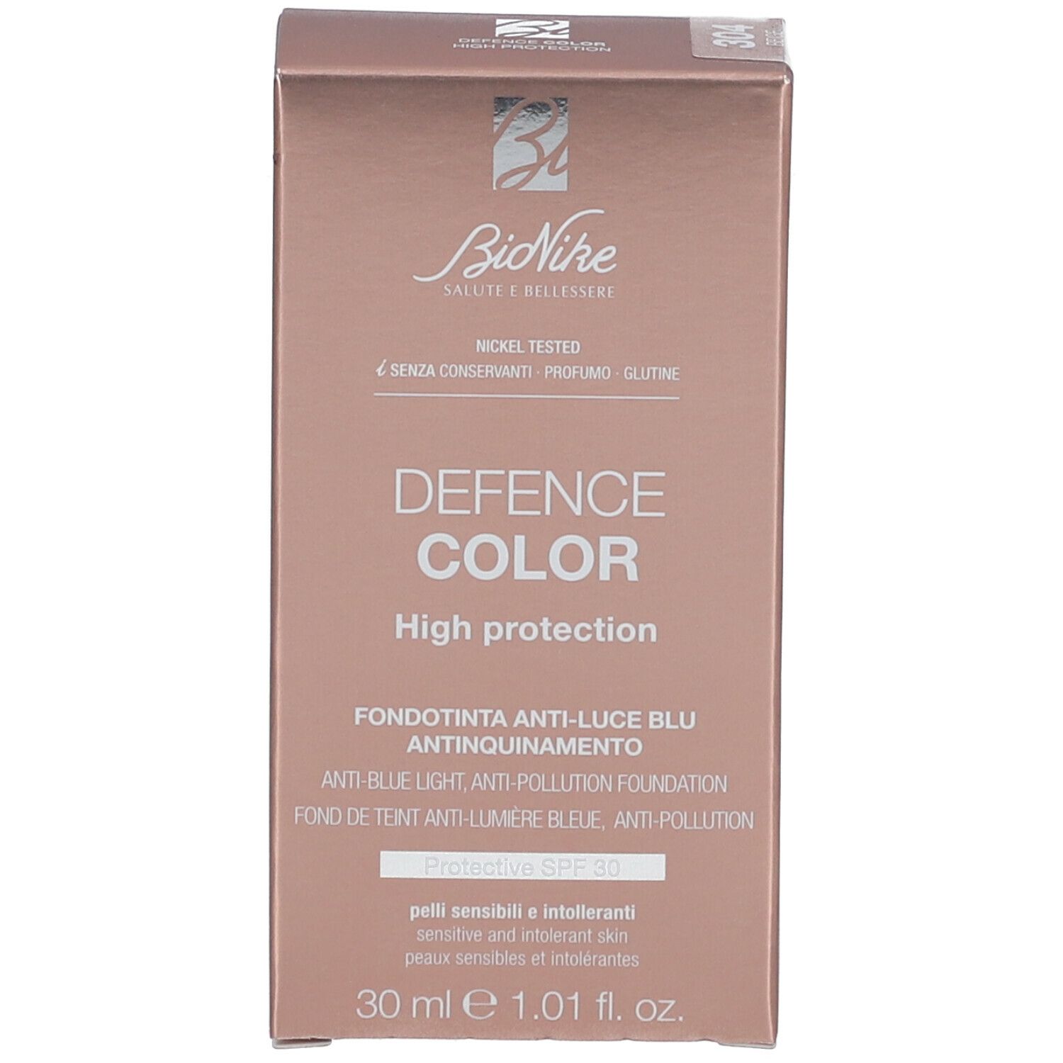 Verpackung des Foundation-Flakons. Aufschrift: Defence Color, High protection, Anti-Blue Light, SPF 30. Marke: BioNike. Nickel Tested.