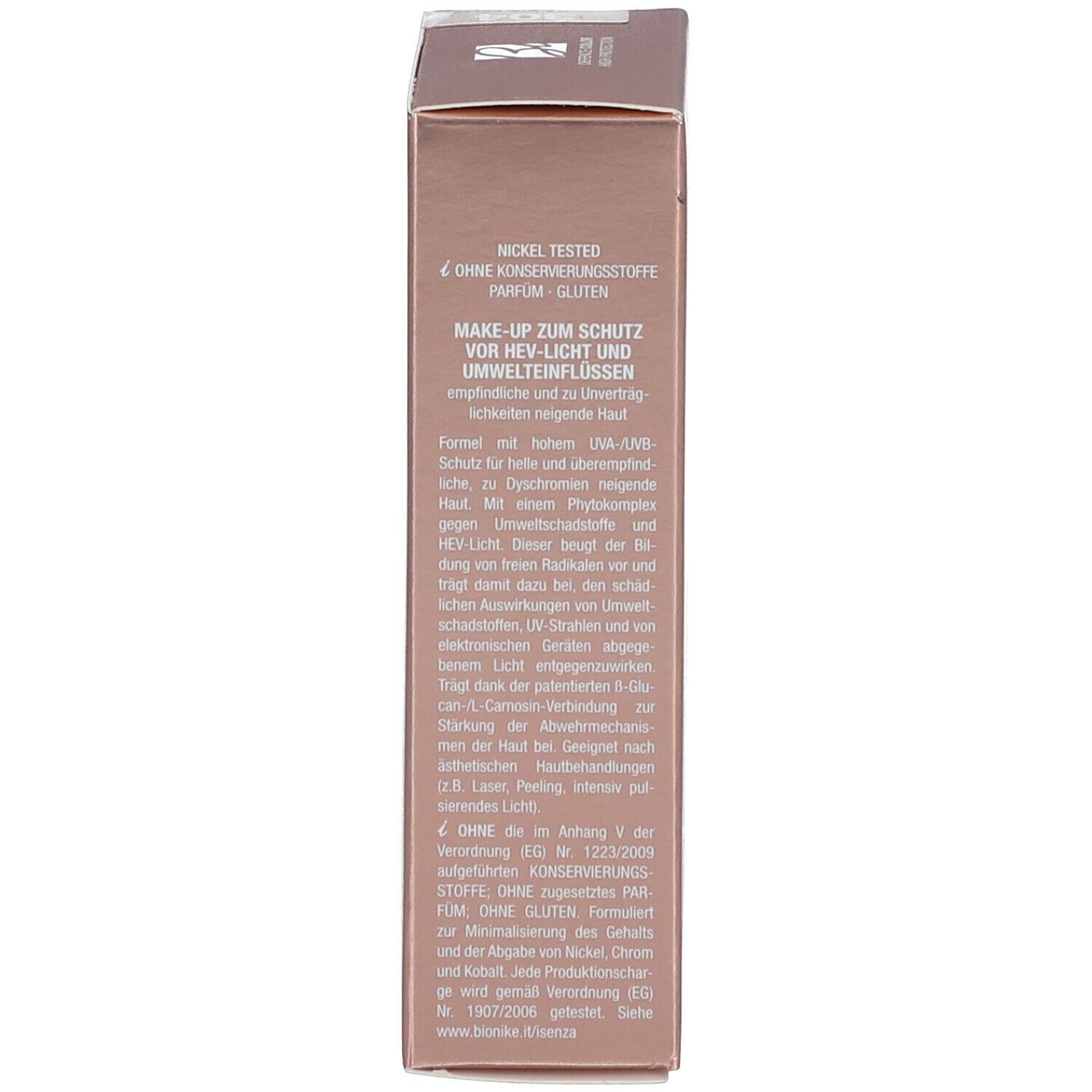 Seite der Verpackung. Text: Make-up zum Schutz vor HEV-Licht und Umwelt. Nickel Tested. Glutenfrei. Marke: BioNike.