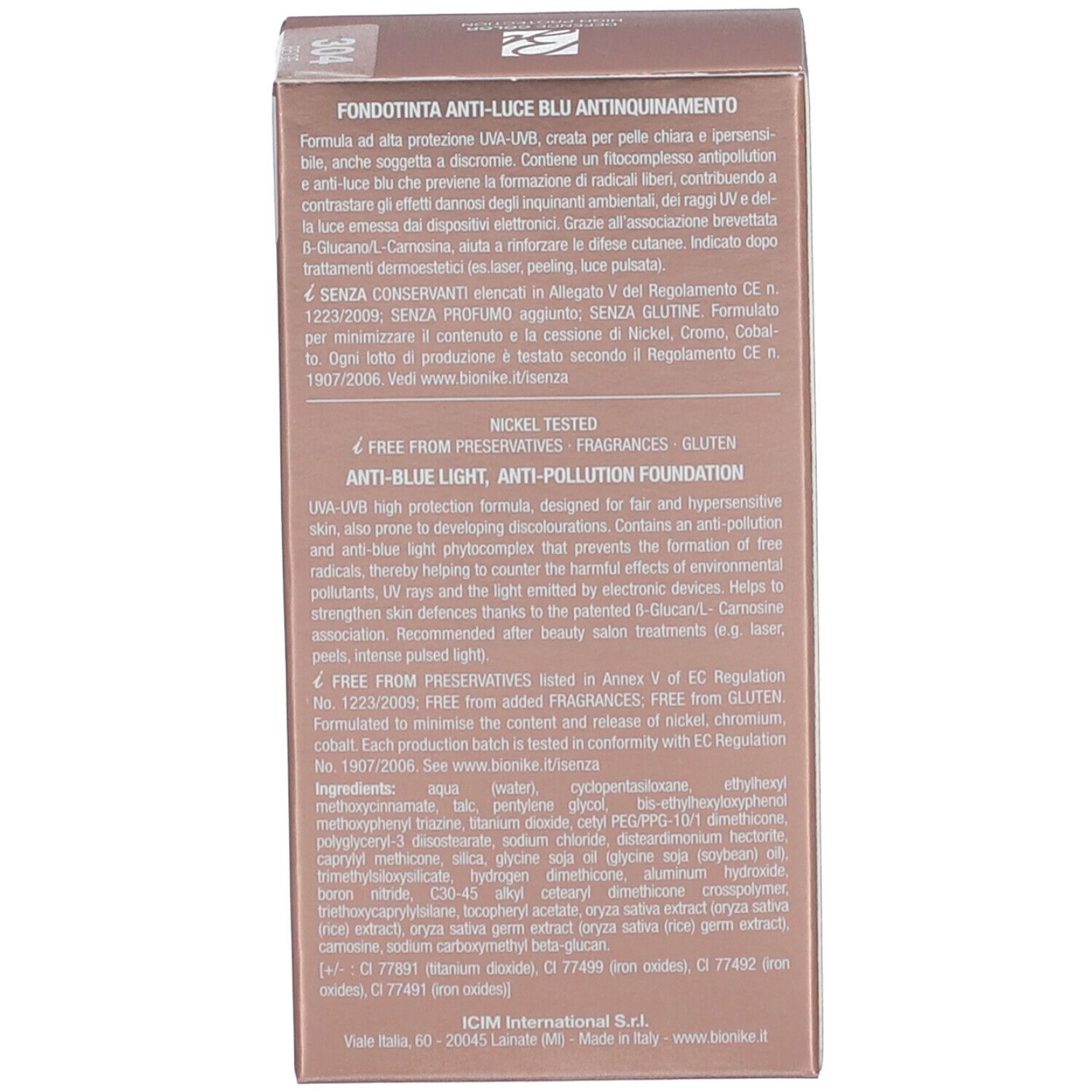 Rückseite der Verpackung. Text: Fondotinta Anti-Luce Blu Anti-Inquinamento. Nickel Tested. Glutenfrei. Marke: BioNike.