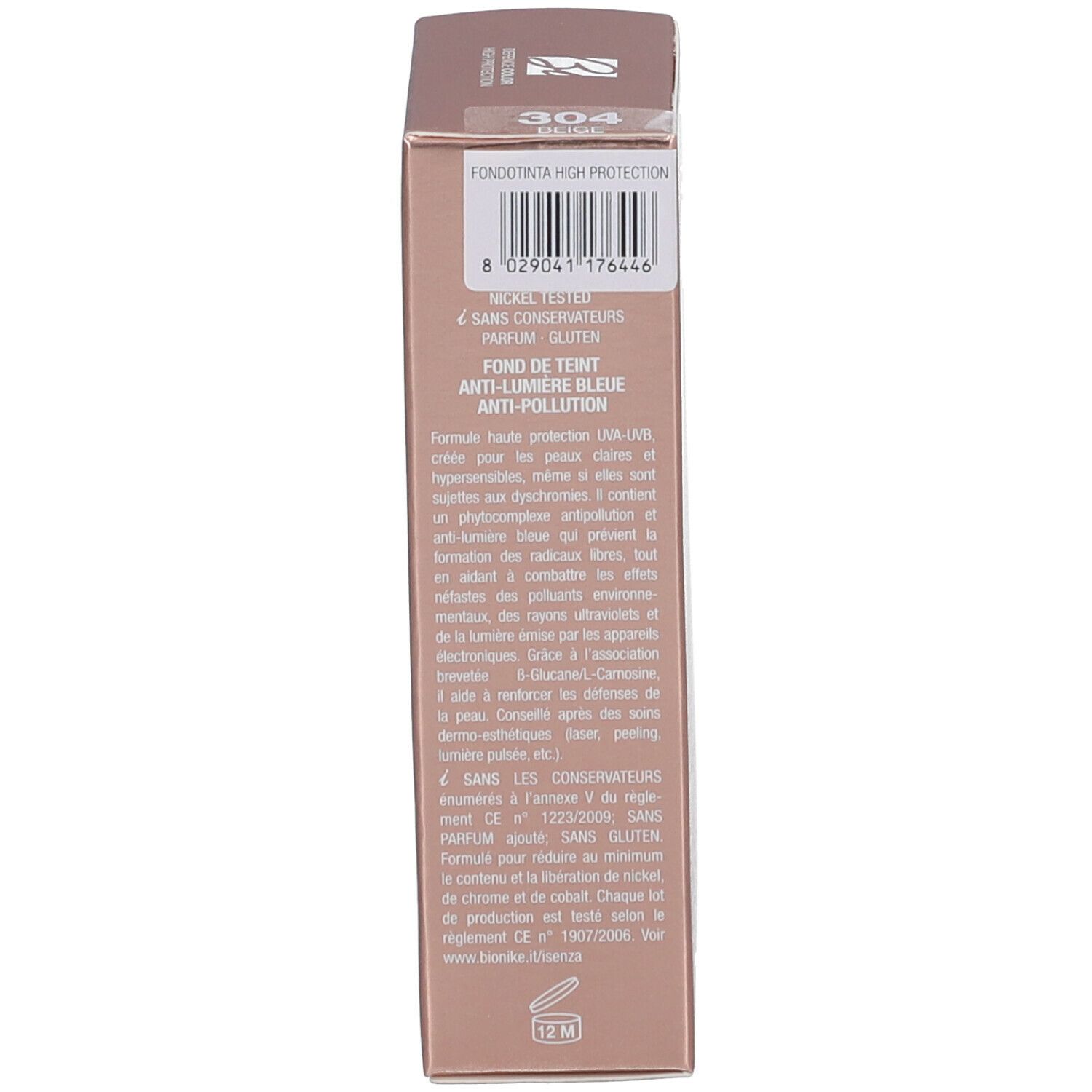 Seite der Verpackung. Text: 304 Beige. Nickel Tested. Glutenfrei. Marke: BioNike. Barcode.