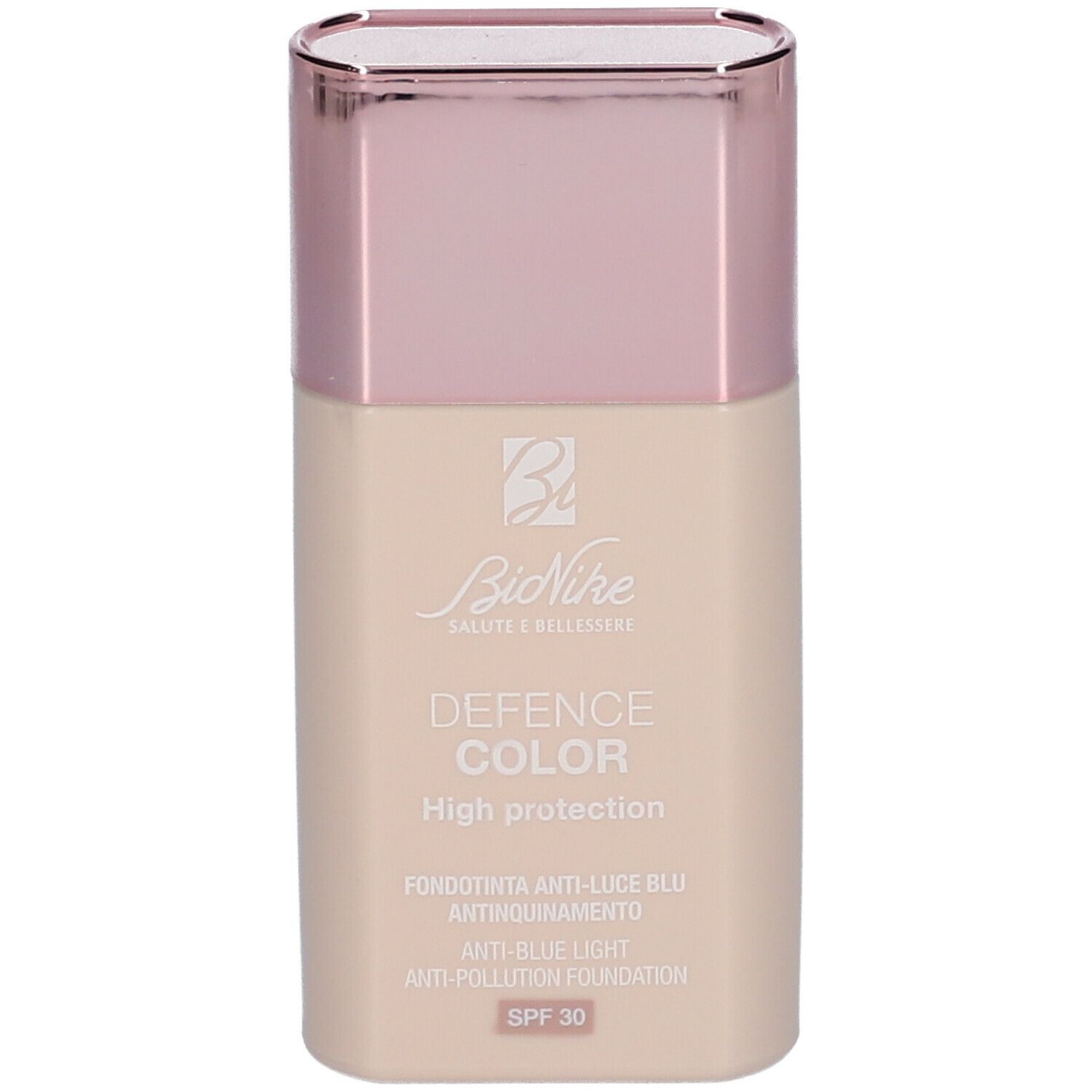 Beige Foundation-Flakon mit rosafarbenem Deckel. Schriftzug: Defence Color, High Protection, SPF 30.