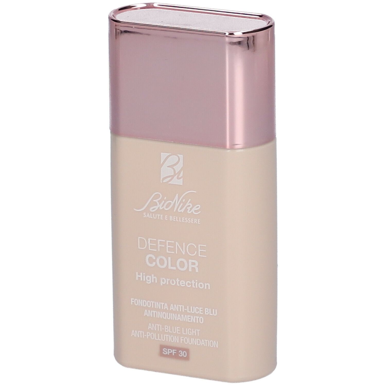 Beige Foundation-Flakon mit rosafarbenem Deckel. Schriftzug: Defence Color, High Protection, SPF 30.