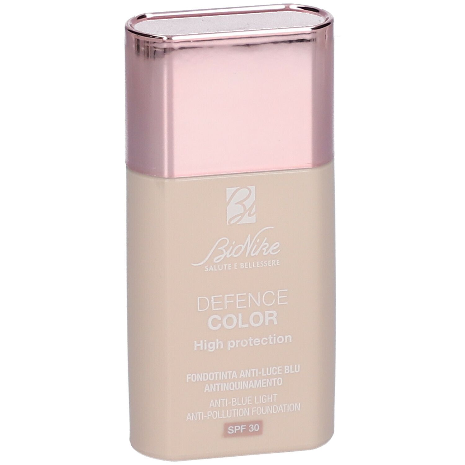 Beige Foundation-Flakon mit rosafarbenem Deckel. Schriftzug: Defence Color, High Protection, SPF 30.