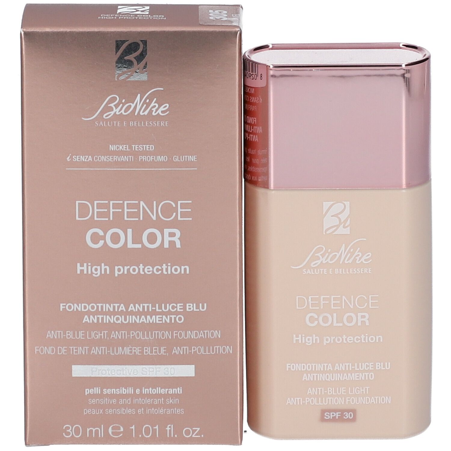 Foundation-Flakon und Verpackung. Text: Defence Color, High Protection, SPF 30, 30 ml.