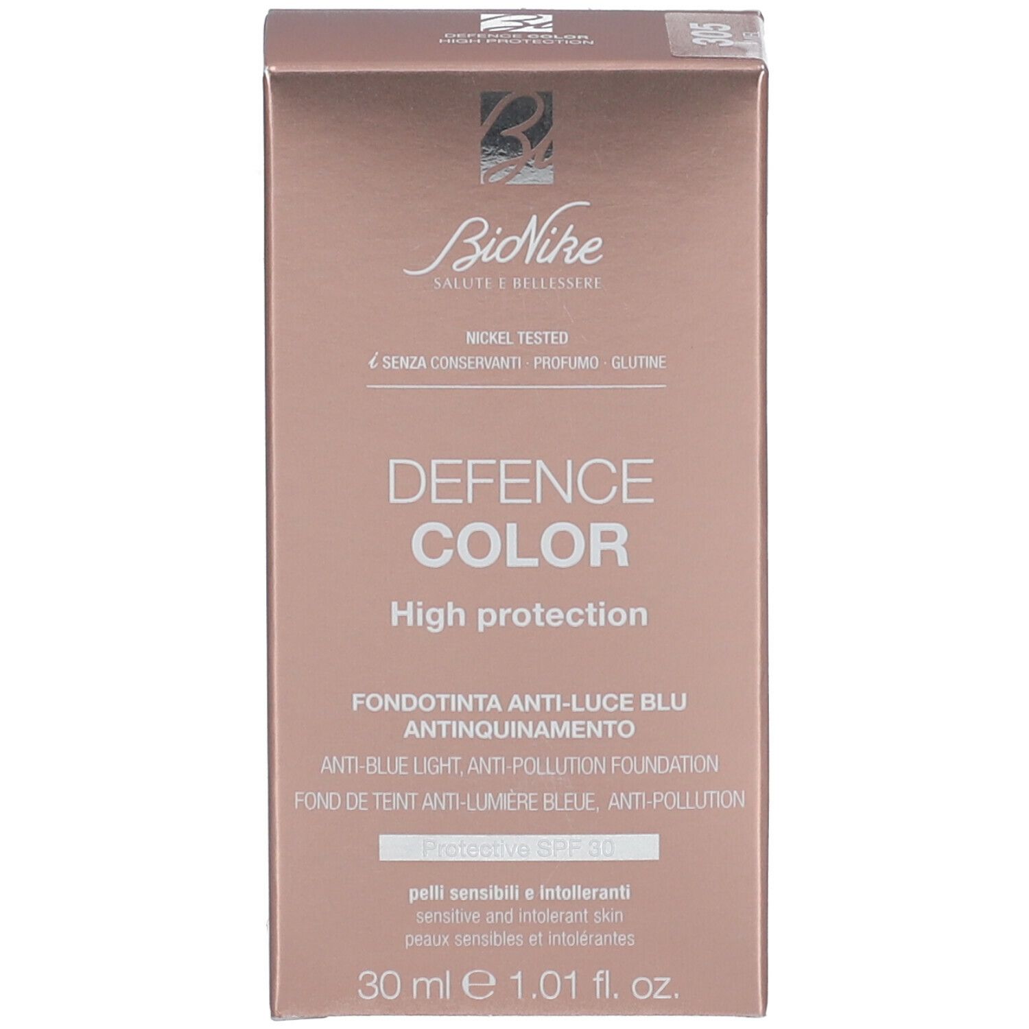 Verpackung mit Text: Defence Color, High Protection, SPF 30, 30 ml.