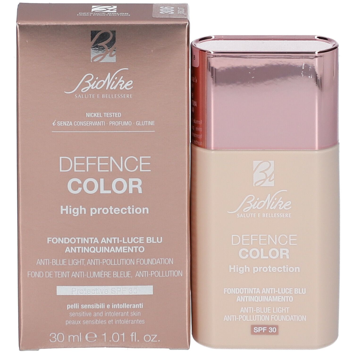 Foundationfles naast verpakking. Verpakking: Bionike, Defence Color, High Protection, 30 ml. Nickel Tested.