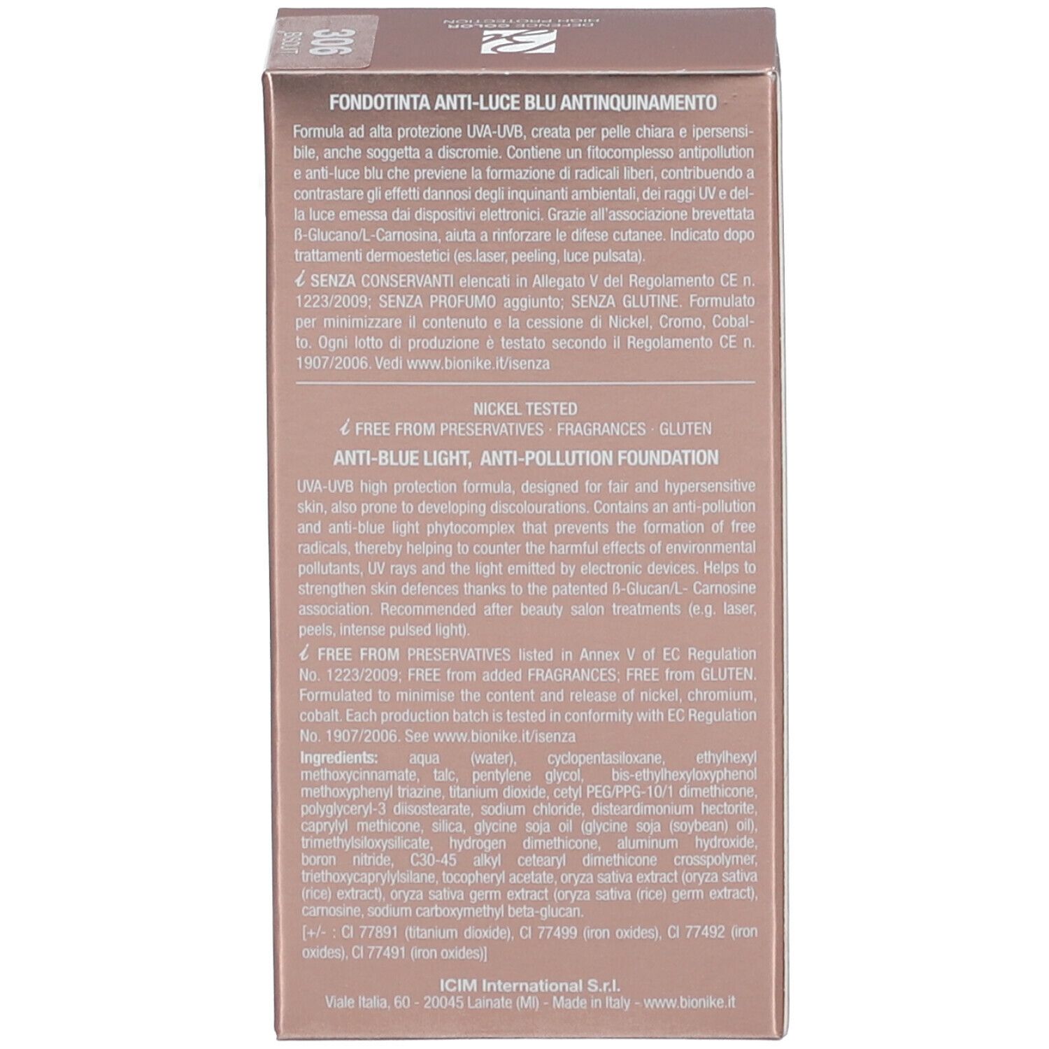 Achterkant van de verpakking. Tekst: Anti-Blue Light, Anti-Pollution Foundation. Ingrediënten. Nickel Tested, Glutenfrei.